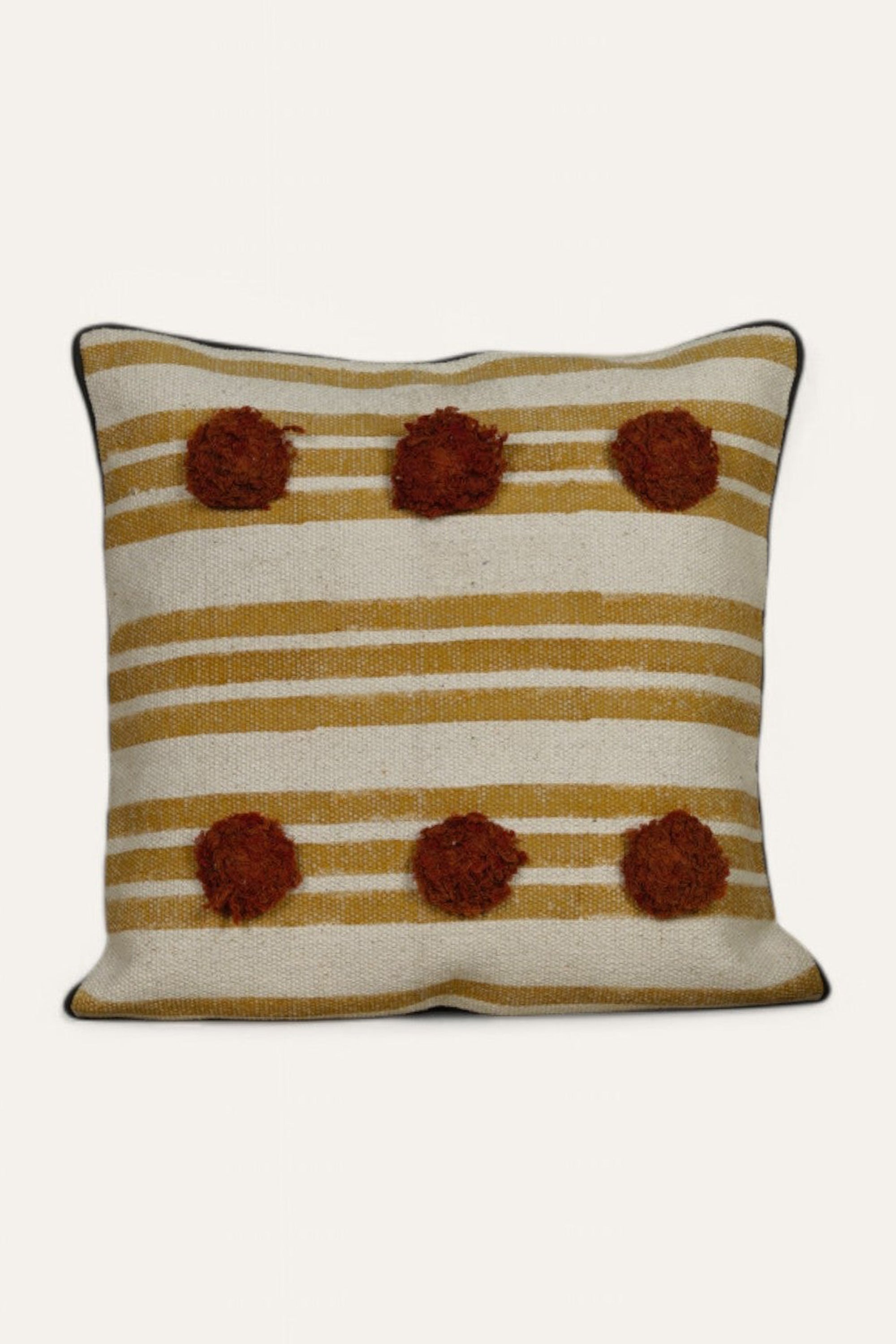 Striped Cushion with Textured Pom-Poms
