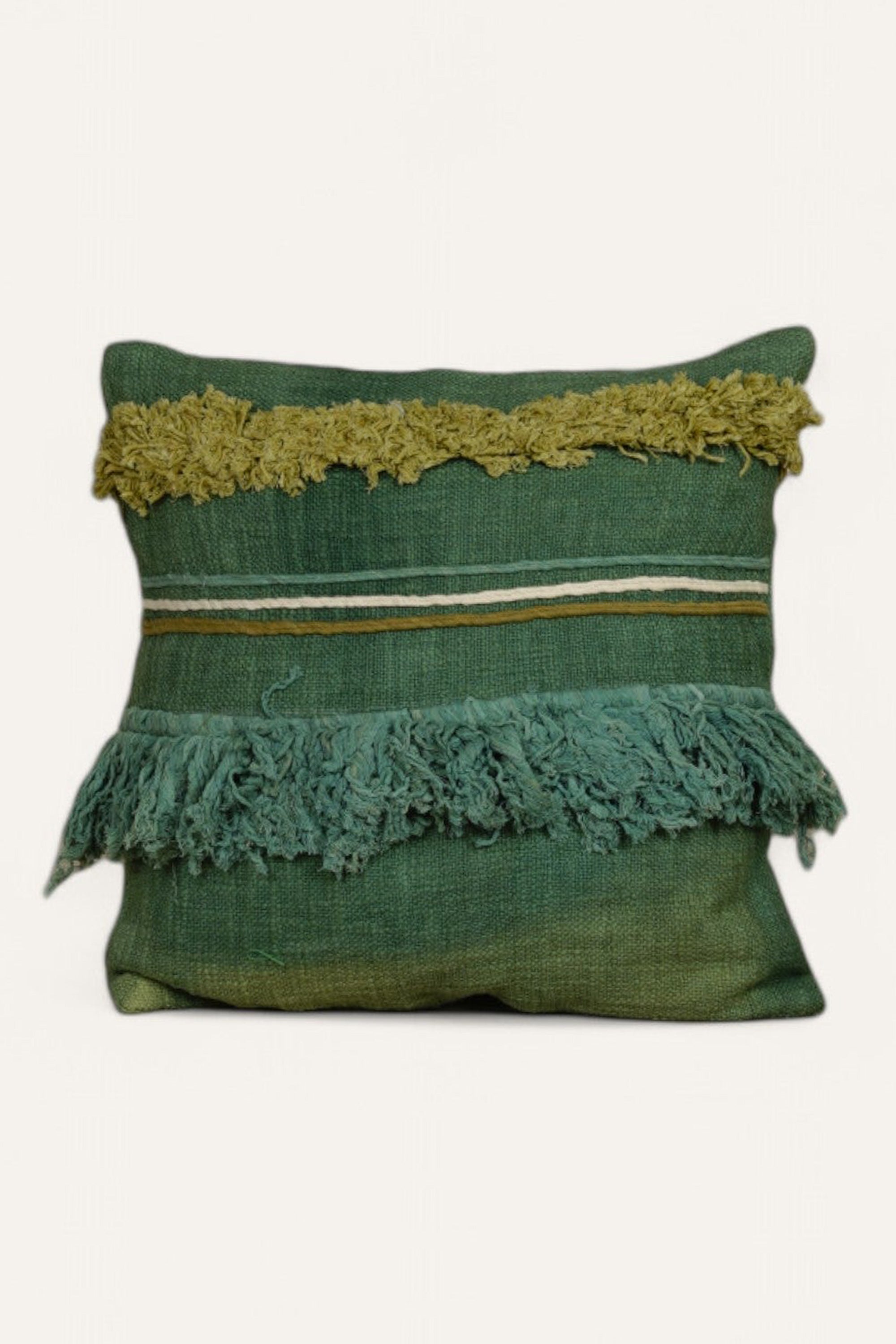 Green Textured Cushion with Layered Fringes