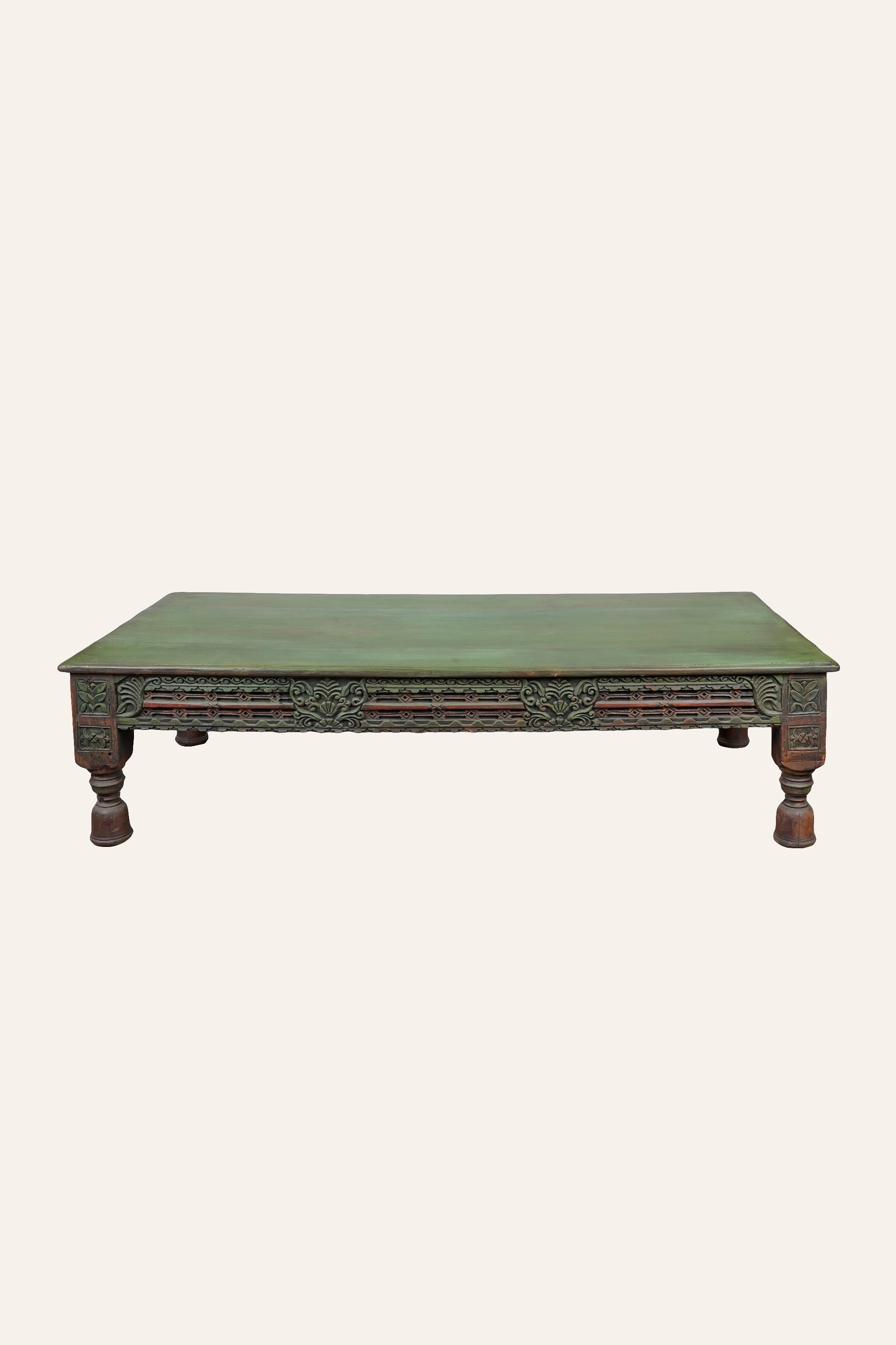 Wooden Carved Low Coffee Table in Earthy Green Tone