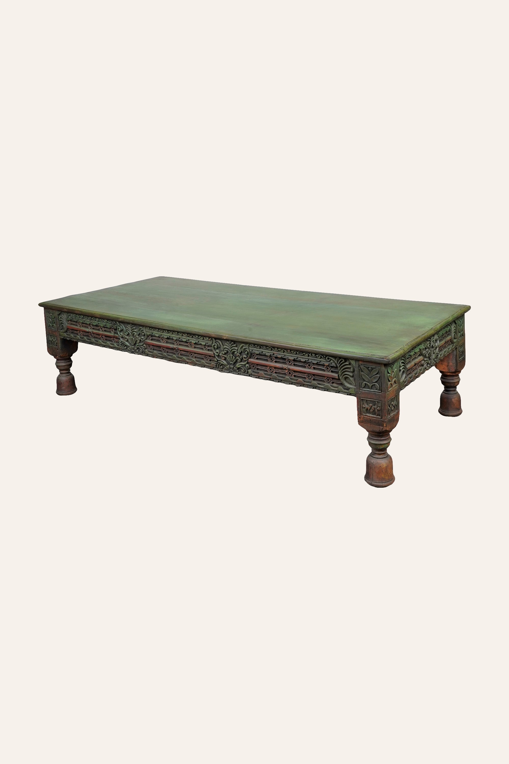 Wooden Carved Low Coffee Table in Earthy Green Tone