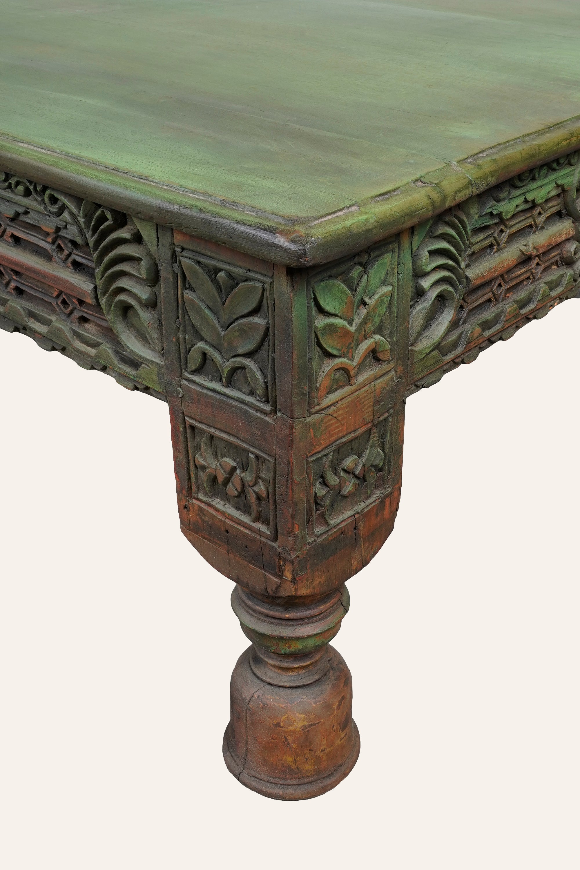 Wooden Carved Low Coffee Table in Earthy Green Tone