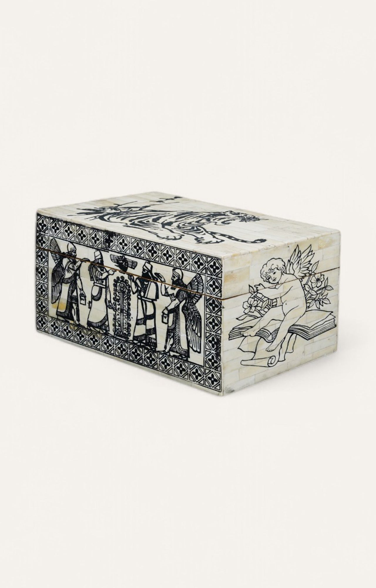 Camel Bone Inlay Box with Angelic Scene and Heraldic Lion