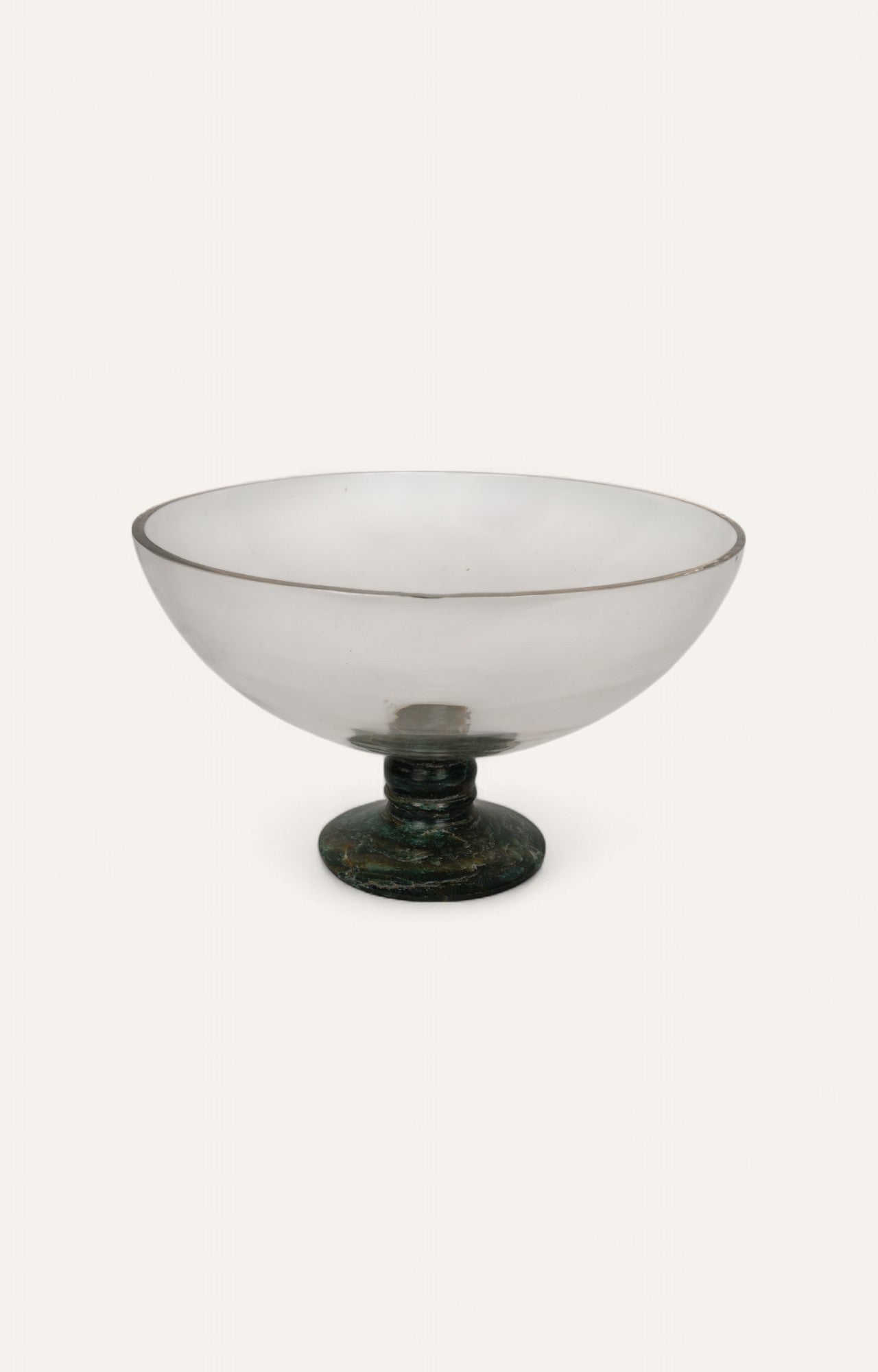 Vintage-style glass fruit bowl with Jade Quartz ground and clear curved top.
