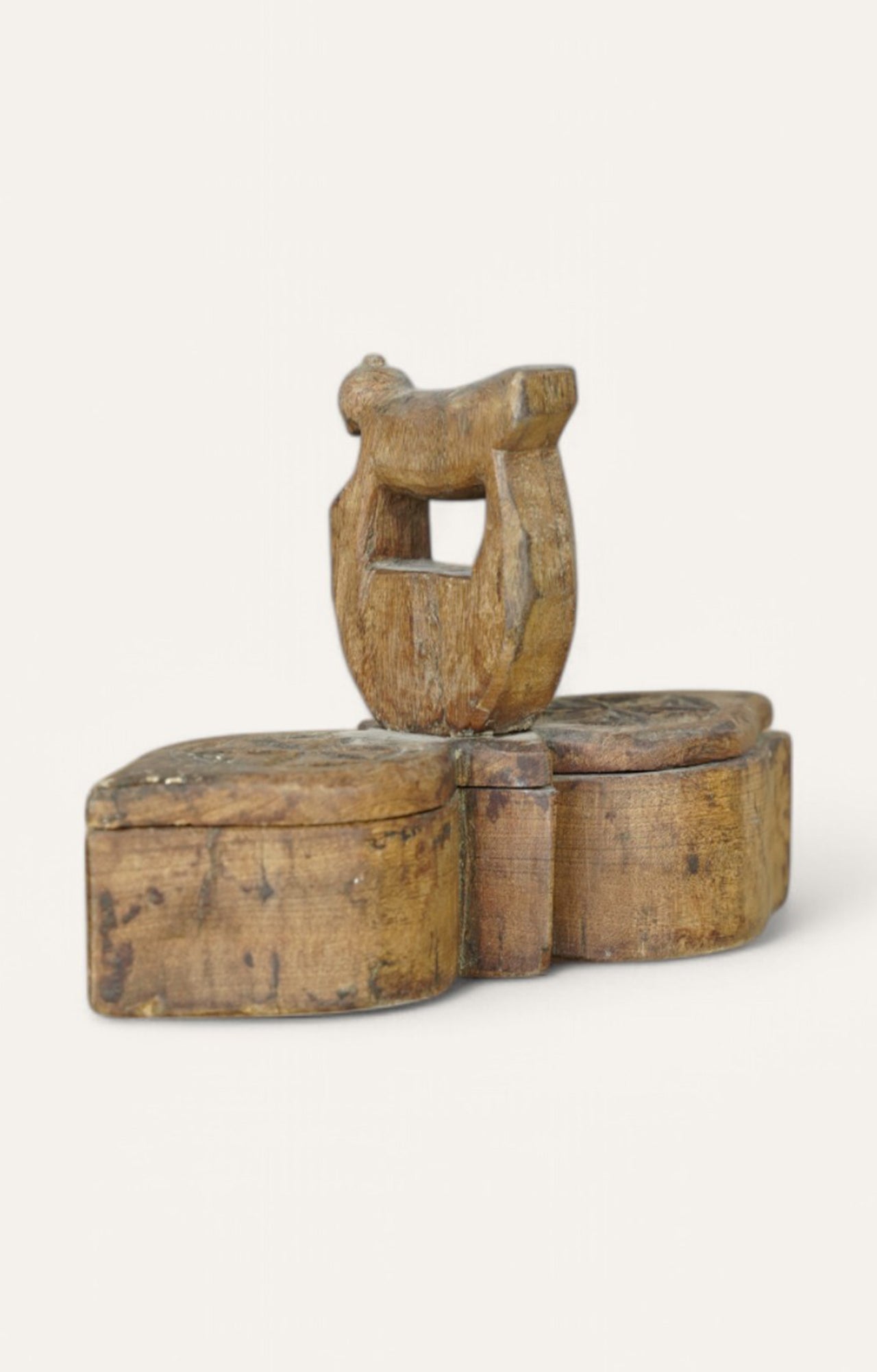 Vintage Hand-Carved Teak Wood Twin Lotus Tikka Box