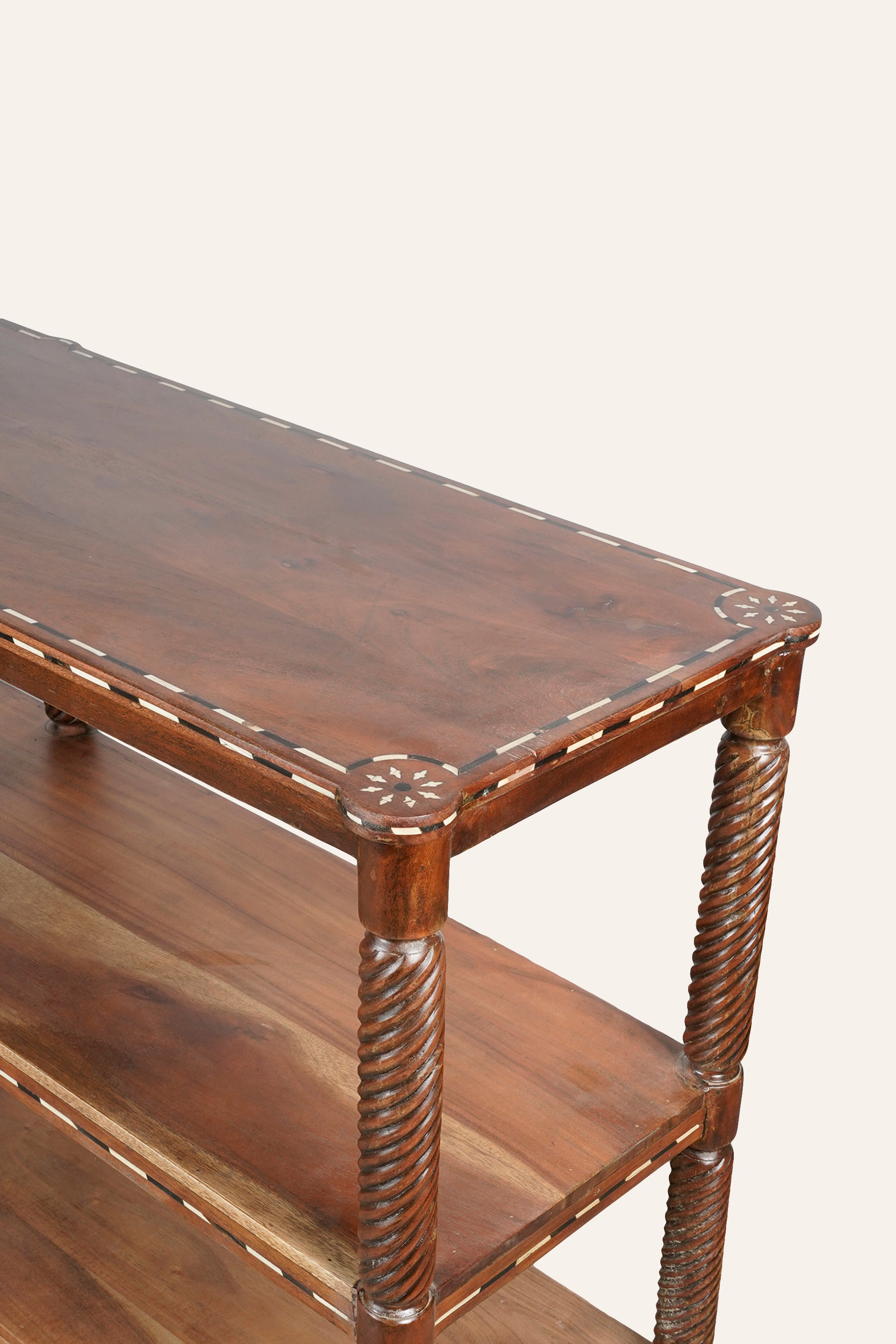 Long 3-Tier Bone Inlay Carved Wooden Console Table