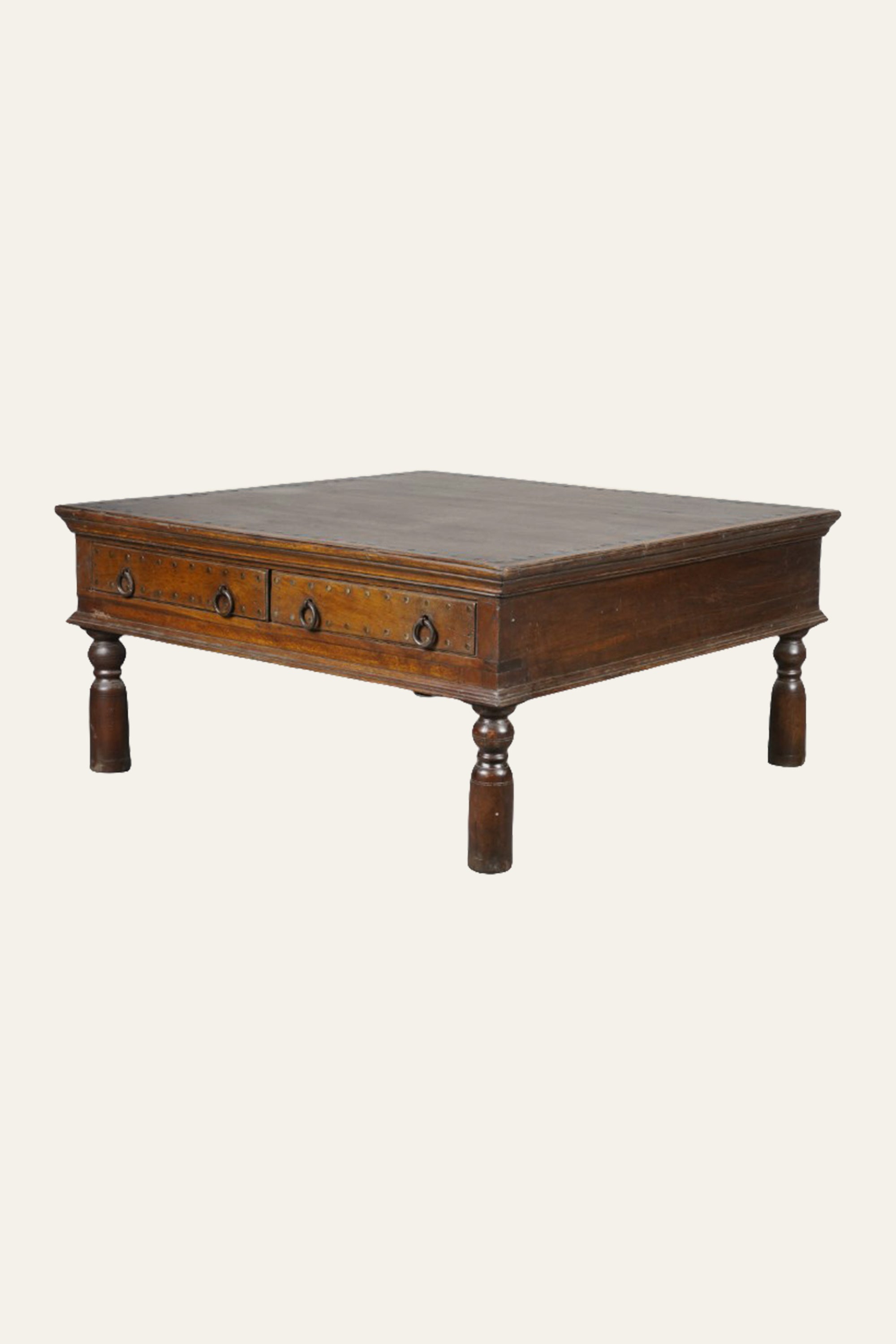 2-Drawer Antique Wooden Coffee Table with Ring Pull Handles