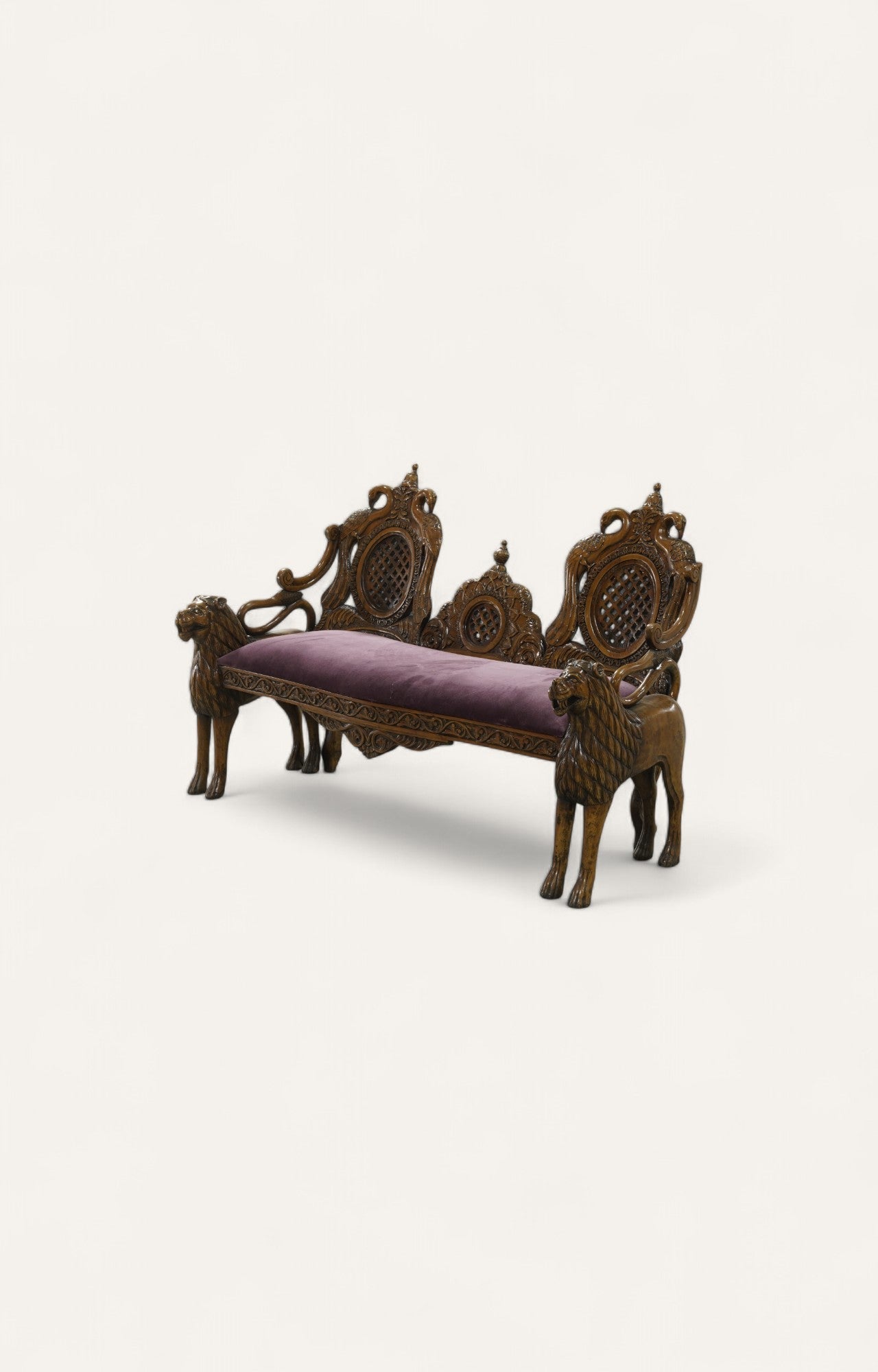 Lion Motif Teak Wood Sofa with Velvet Seat