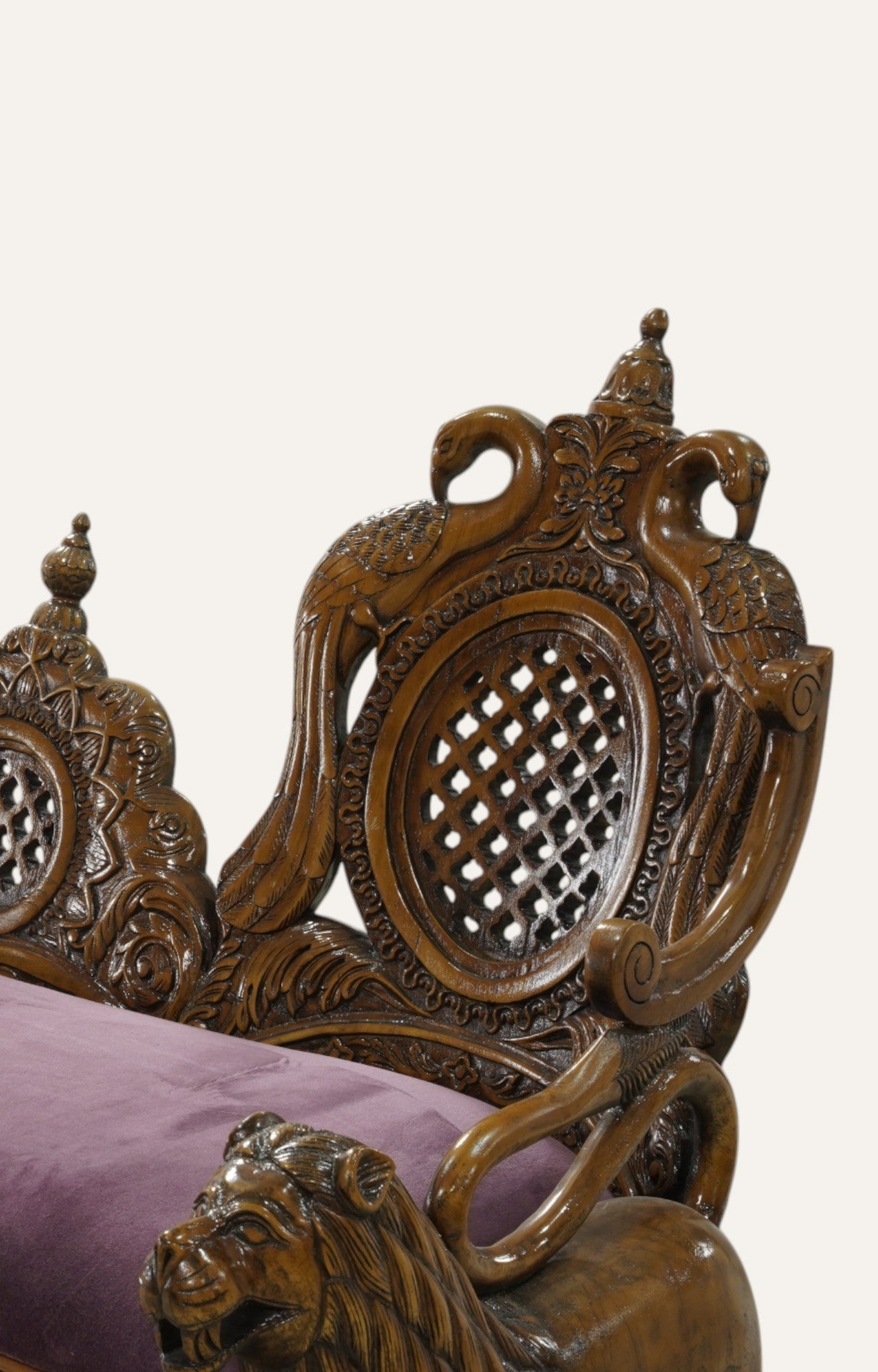 Lion Motif Teak Wood Sofa with Velvet Seat