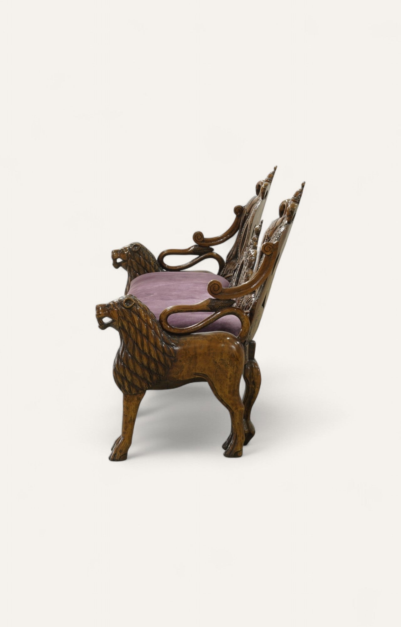 Lion Motif Teak Wood Sofa with Velvet Seat