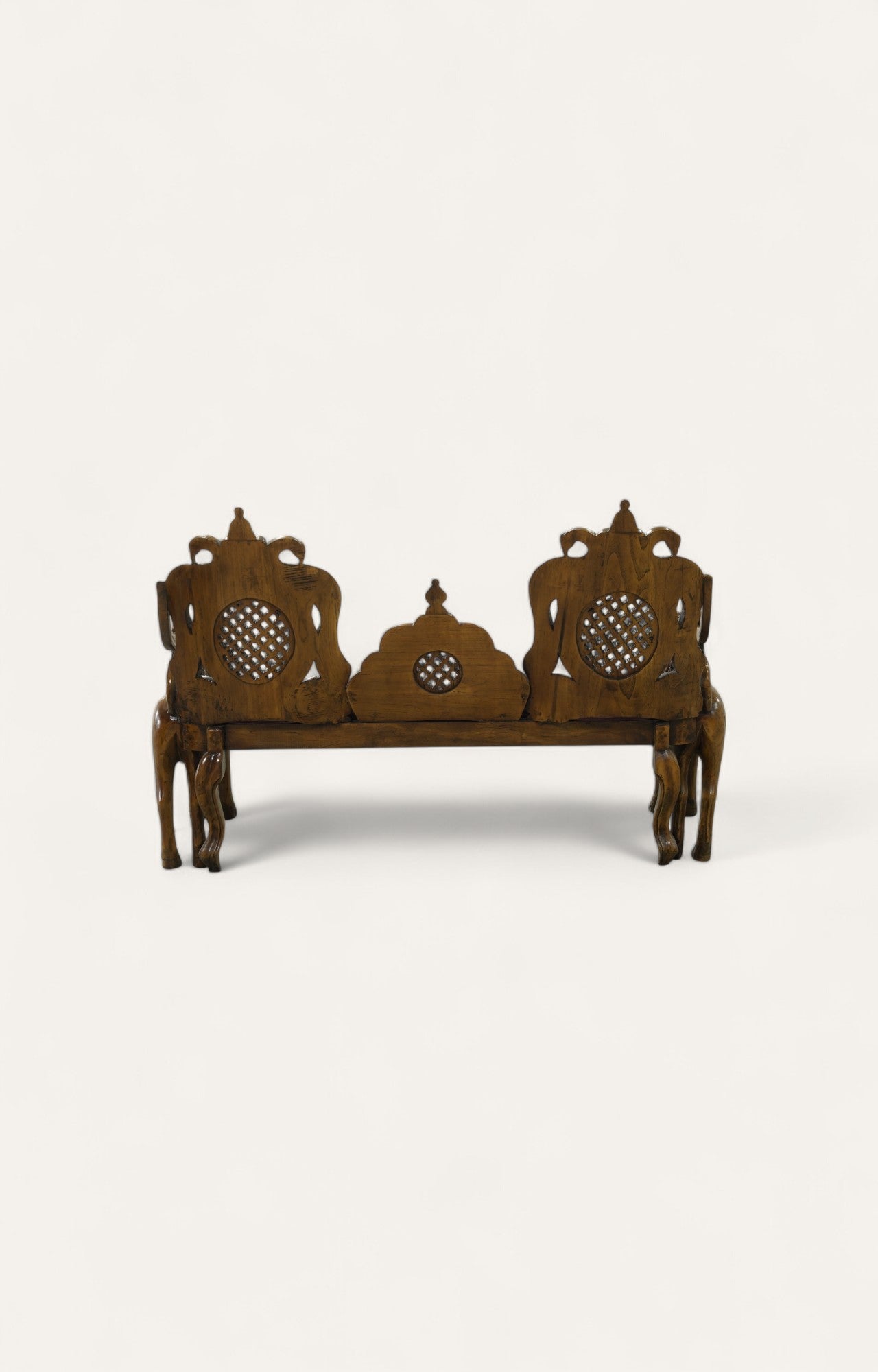 Lion Motif Teak Wood Sofa with Velvet Seat