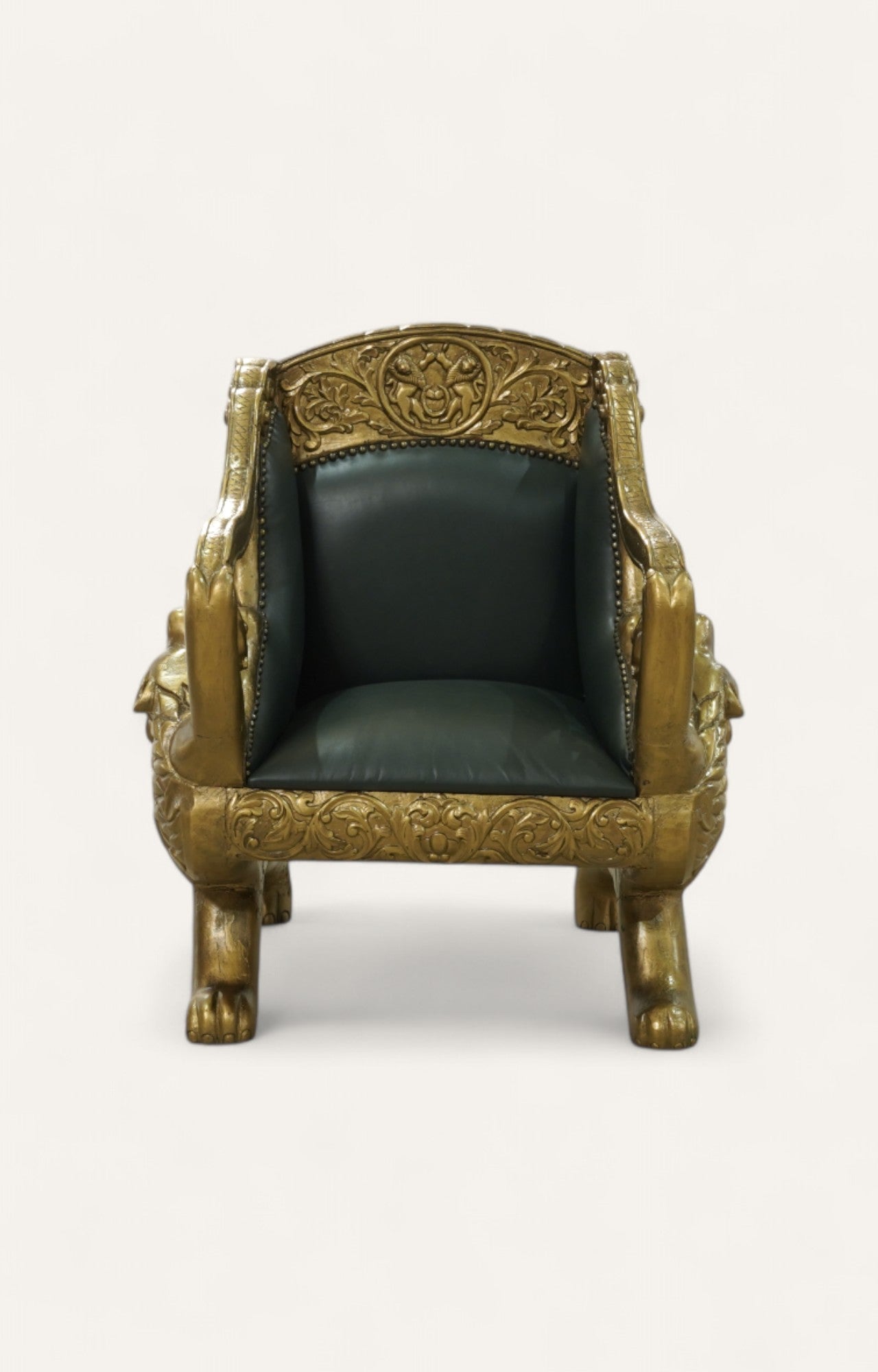 Lion Teak Wood Armchair in Leatherite