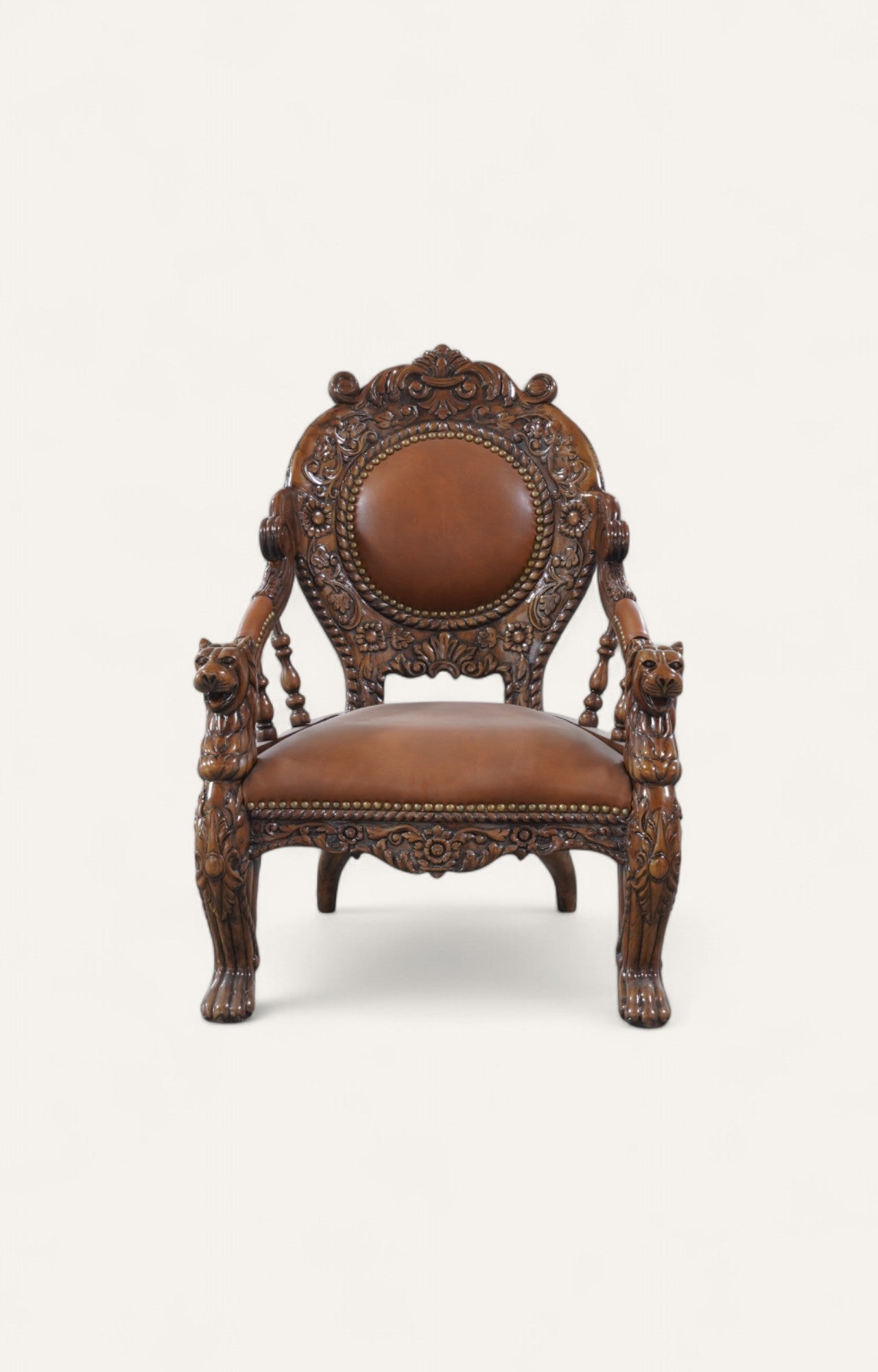 Majestic Indian Teak Armchair with Carved Lions