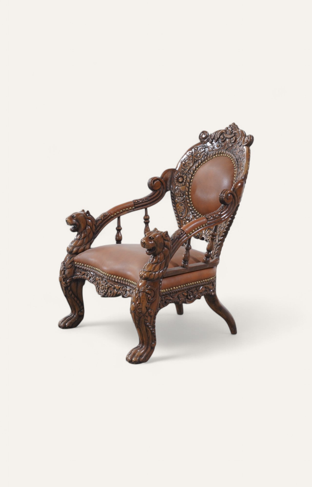 Majestic Indian Teak Armchair with Carved Lions