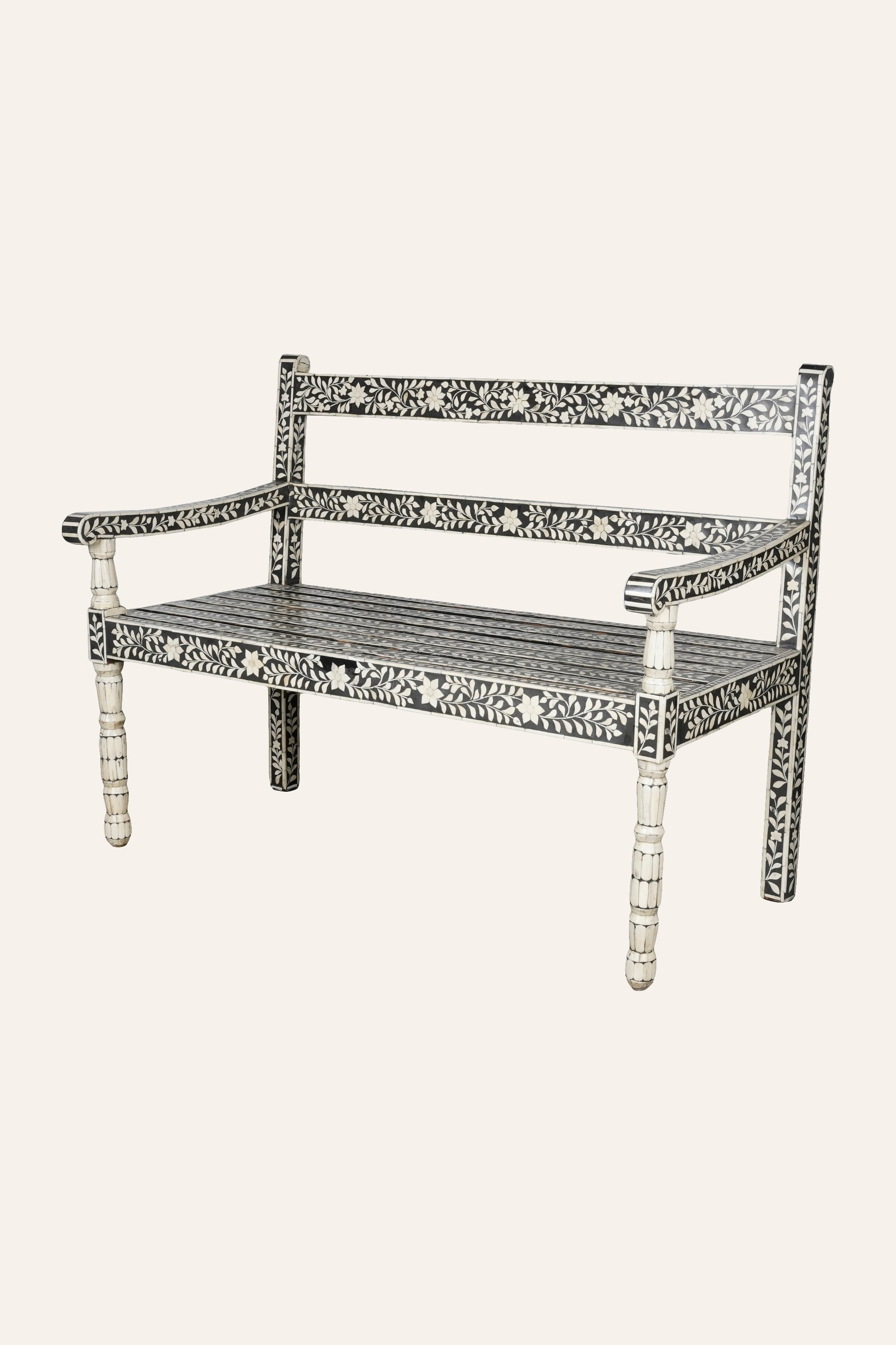 Black and White Floral Bone Inlay Bench for Hallway