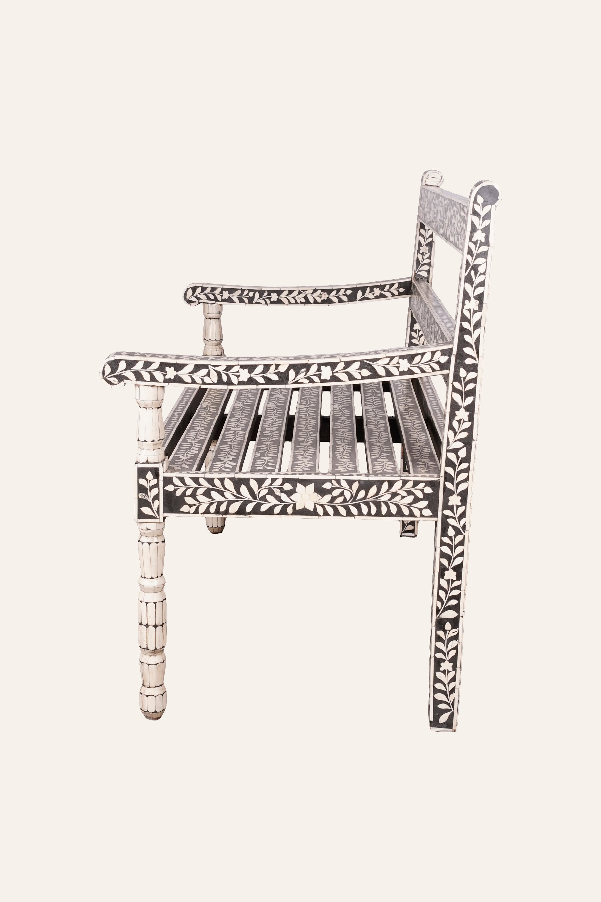 Black and White Floral Bone Inlay Bench for Hallway