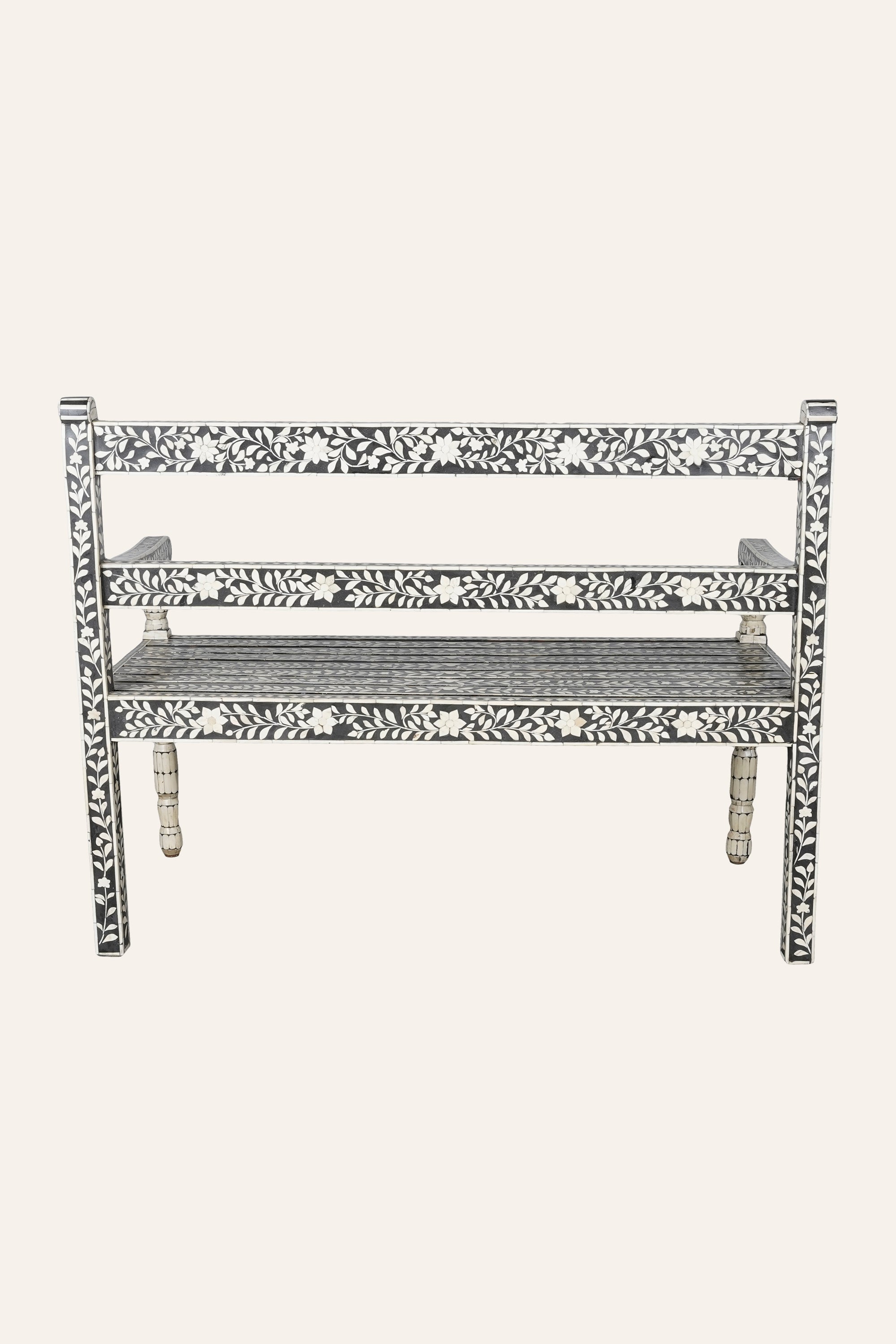 Black and White Floral Bone Inlay Bench for Hallway