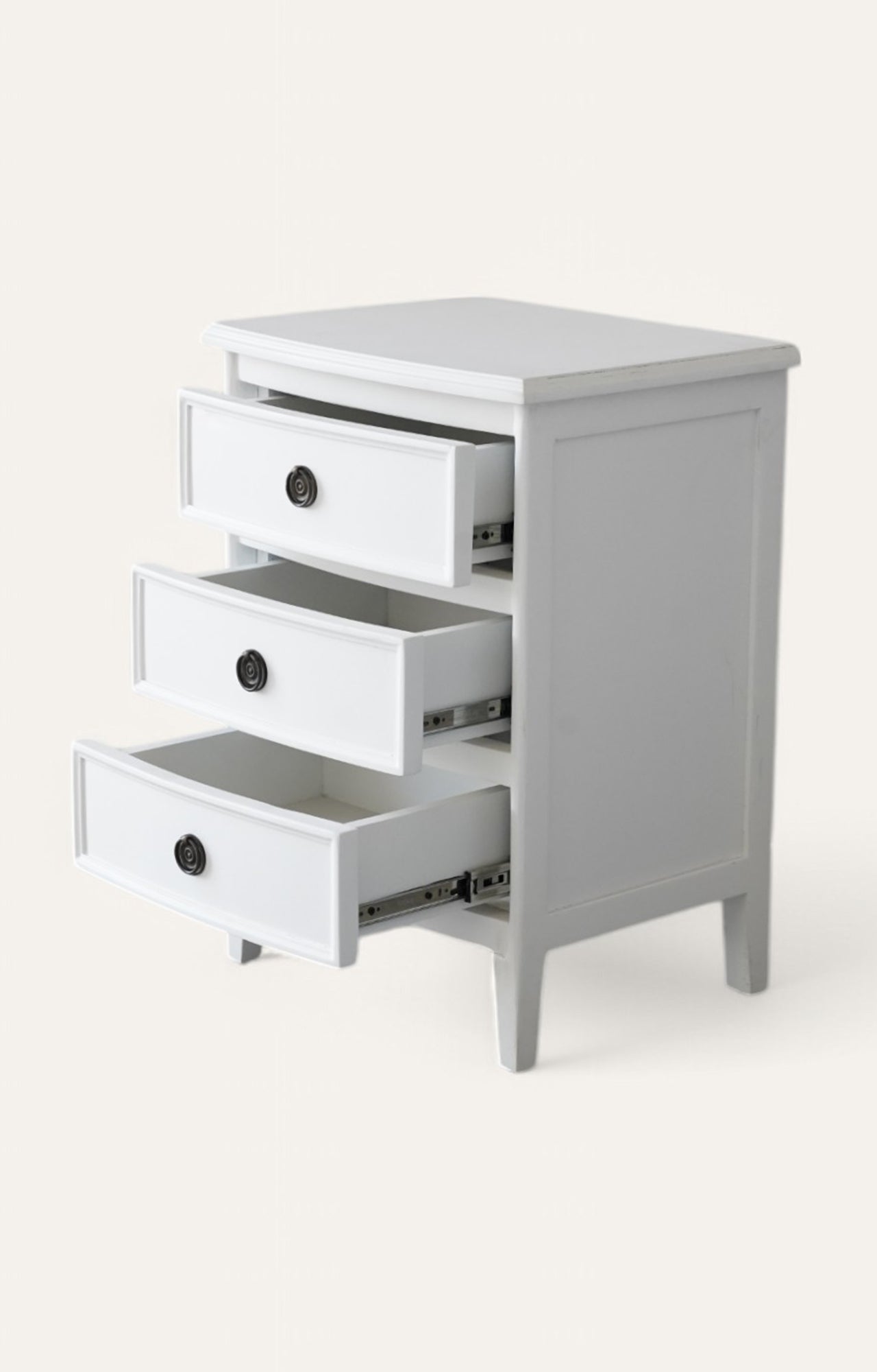Seaside White Wooden Bedside Table with Three Drawers and Brass Handles