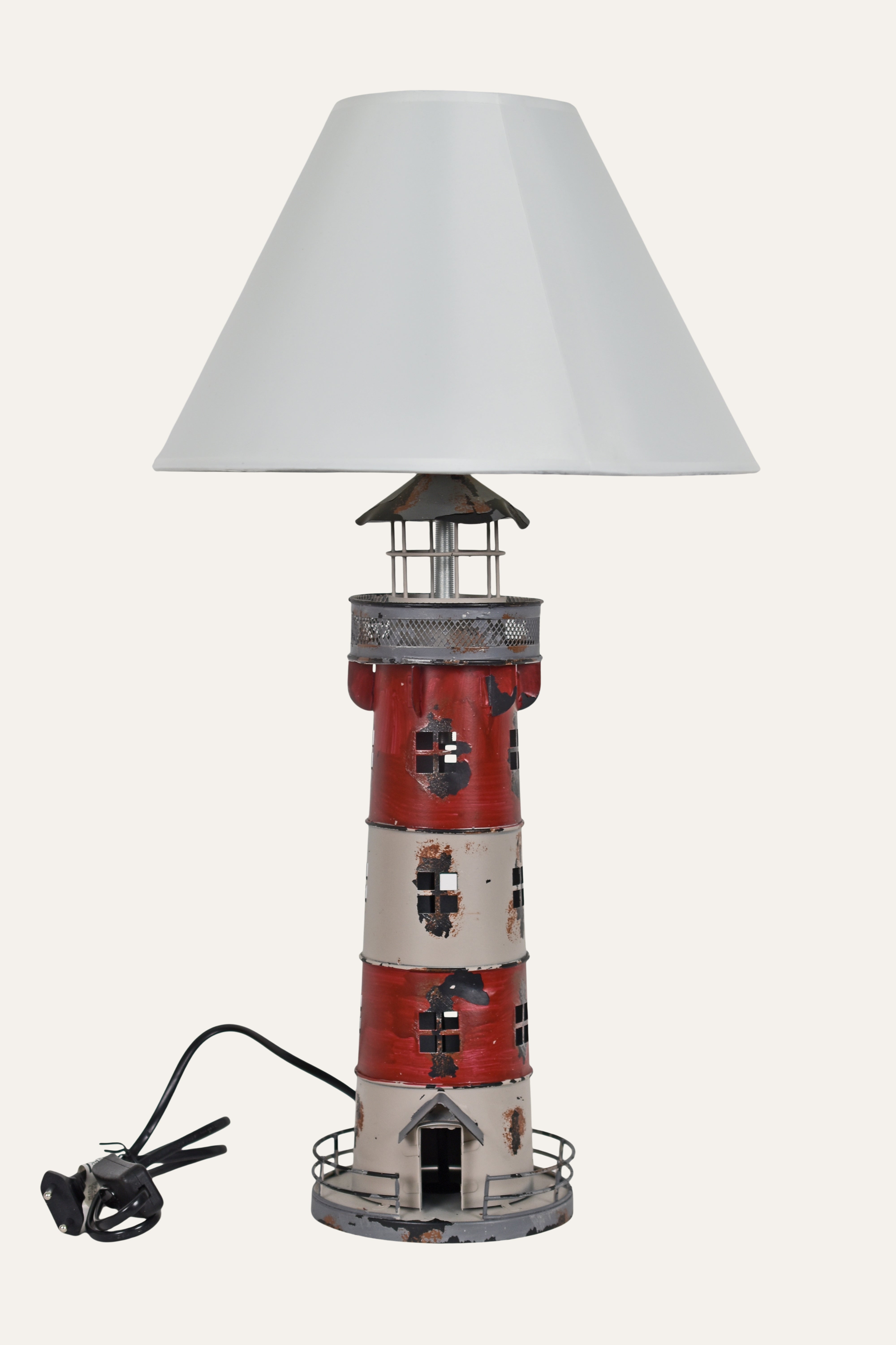 Vintage Iron Lighthouse Table Lamp with Fabric Shade