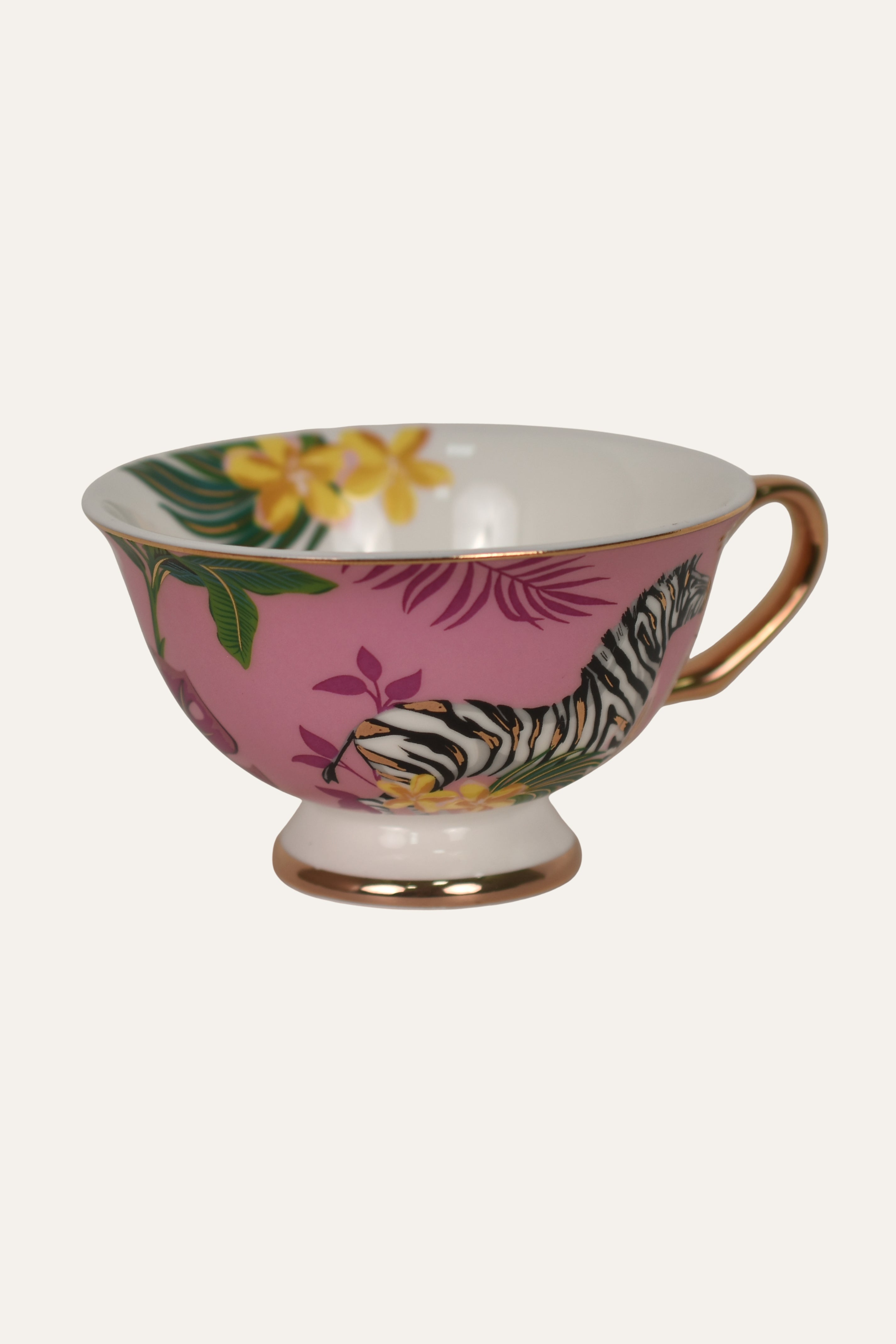 Pink Hand-Painted Porcelain Tea Cup & Saucer Set with Zebra & Floral Art – Artisan Coffee Cup