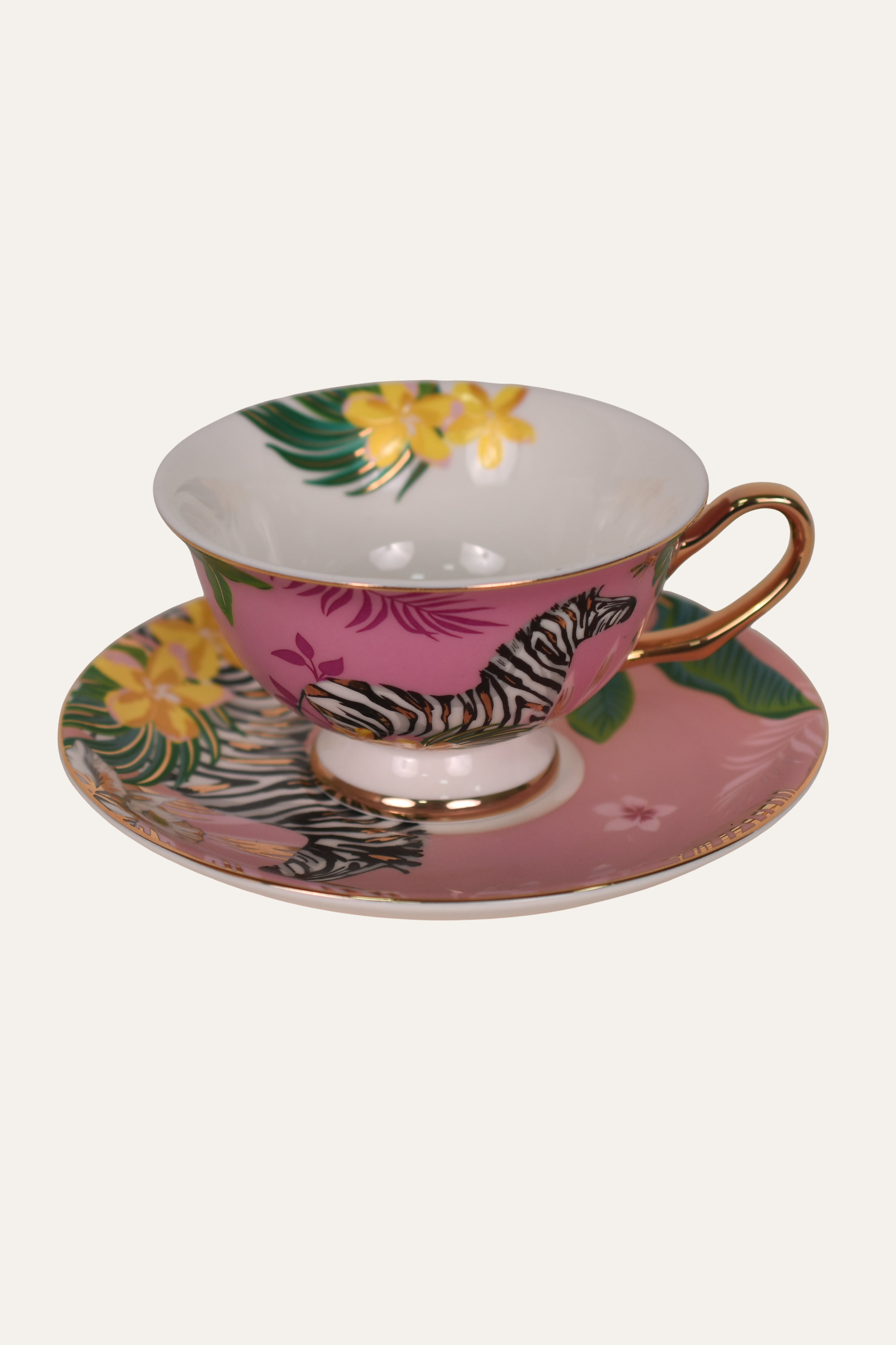 Pink Hand-Painted Porcelain Tea Cup & Saucer Set with Zebra & Floral Art – Artisan Coffee Cup