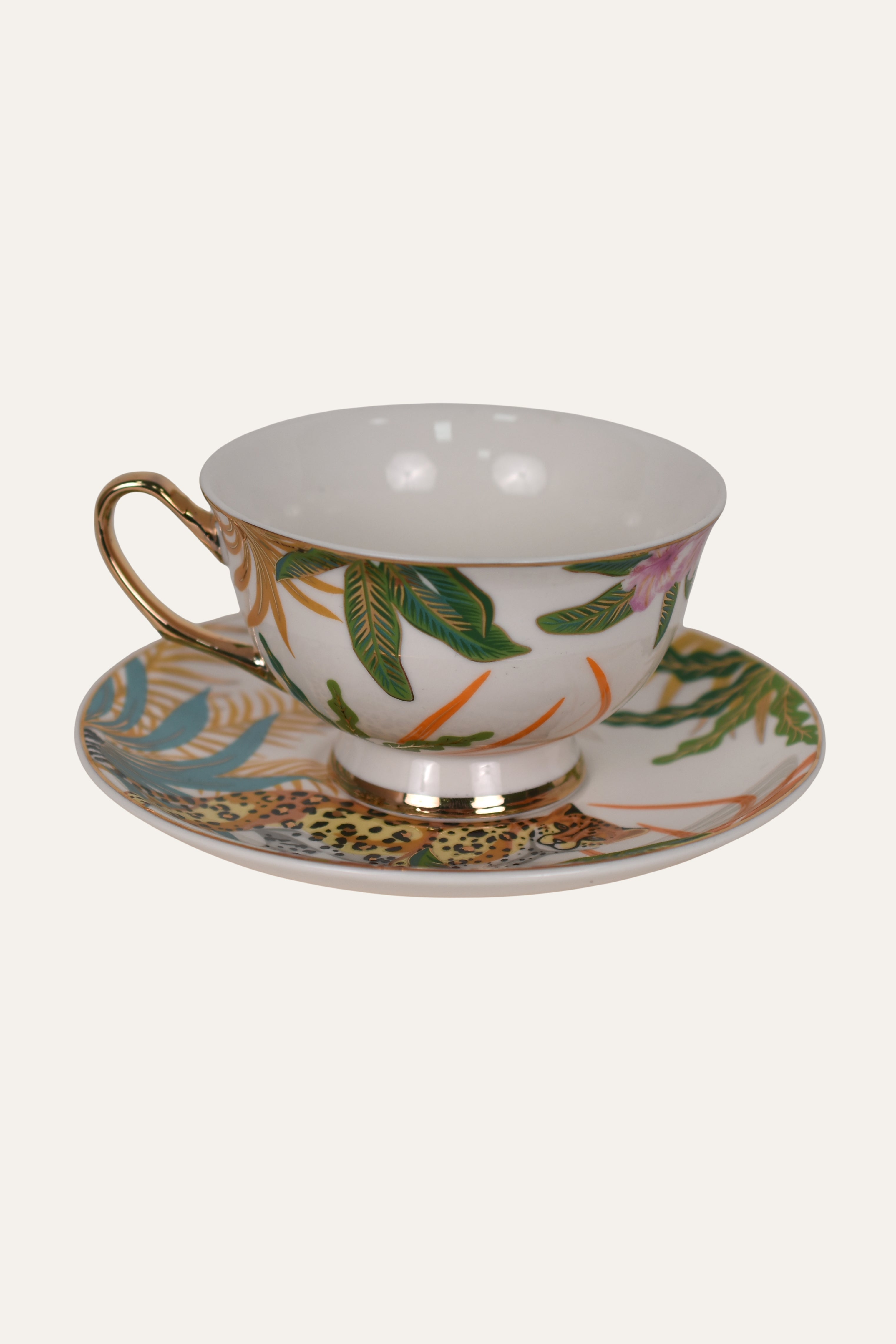 White Hand-Painted Porcelain Cup & Saucer Set with Green Botanical Leaves & Gold Accent – Artisan Tea Cup
