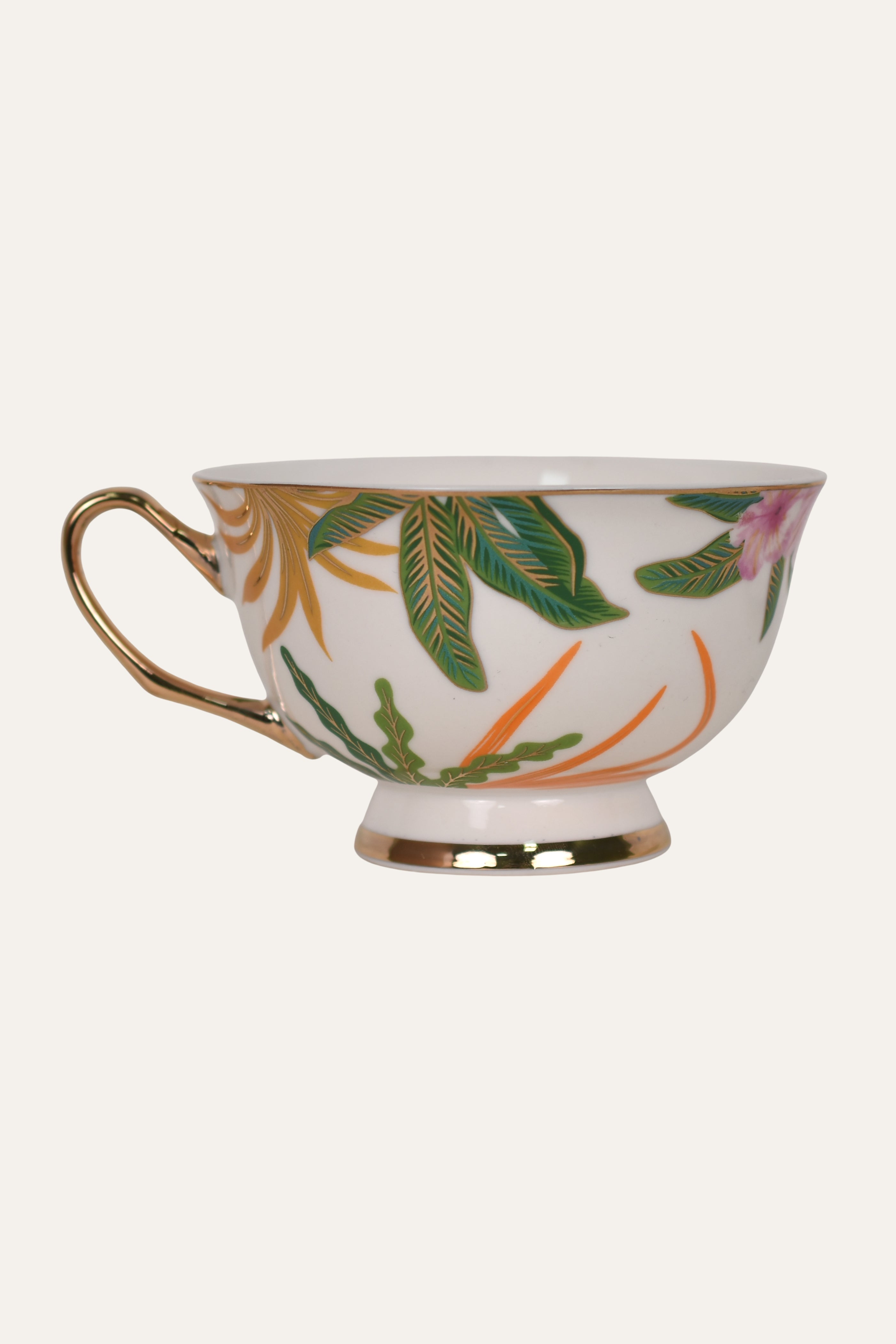 White Hand-Painted Porcelain Cup & Saucer Set with Green Botanical Leaves & Gold Accent – Artisan Tea Cup