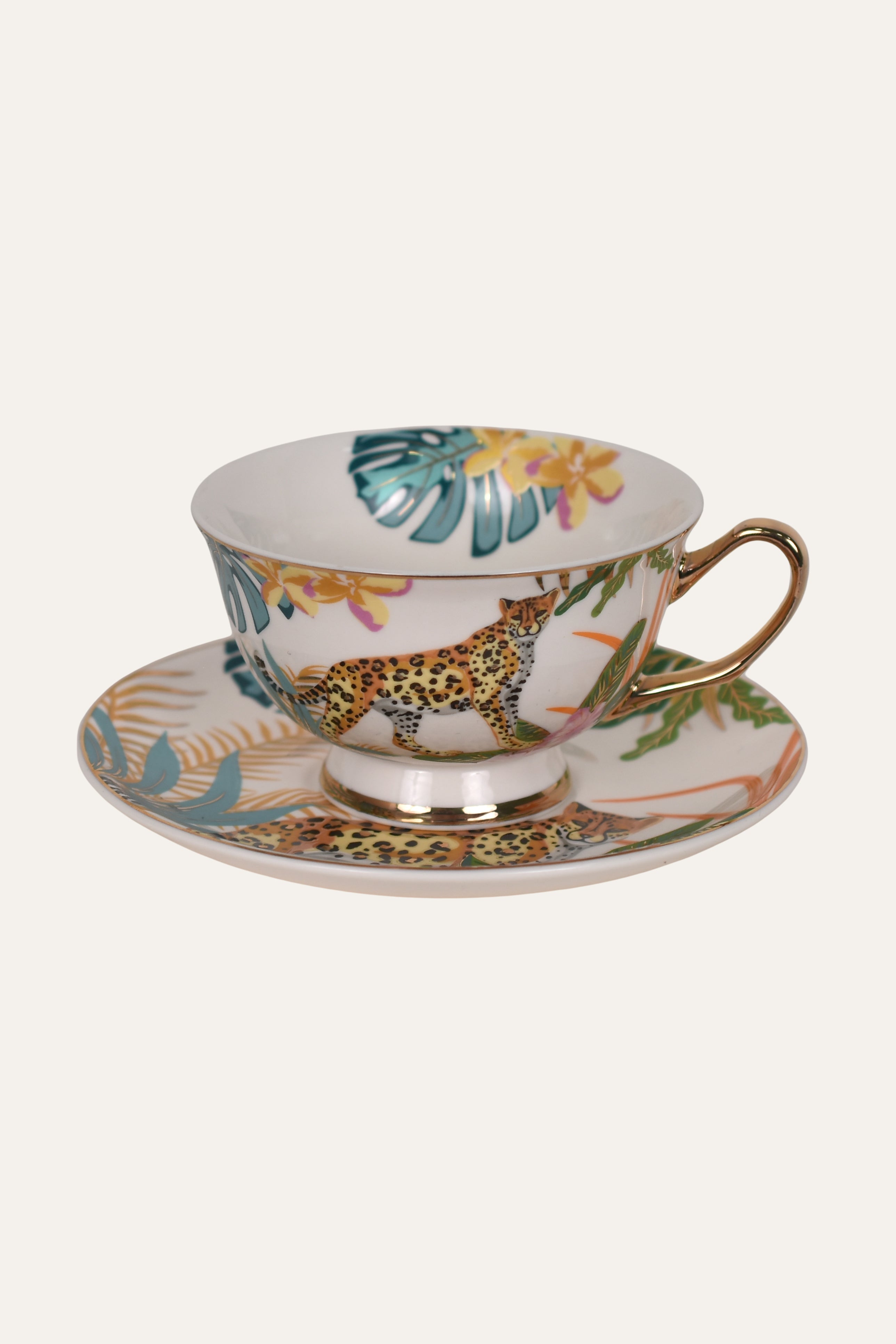 White Hand-Painted Porcelain Cup & Saucer Set with Green Botanical Leaves & Gold Accent – Artisan Tea Cup