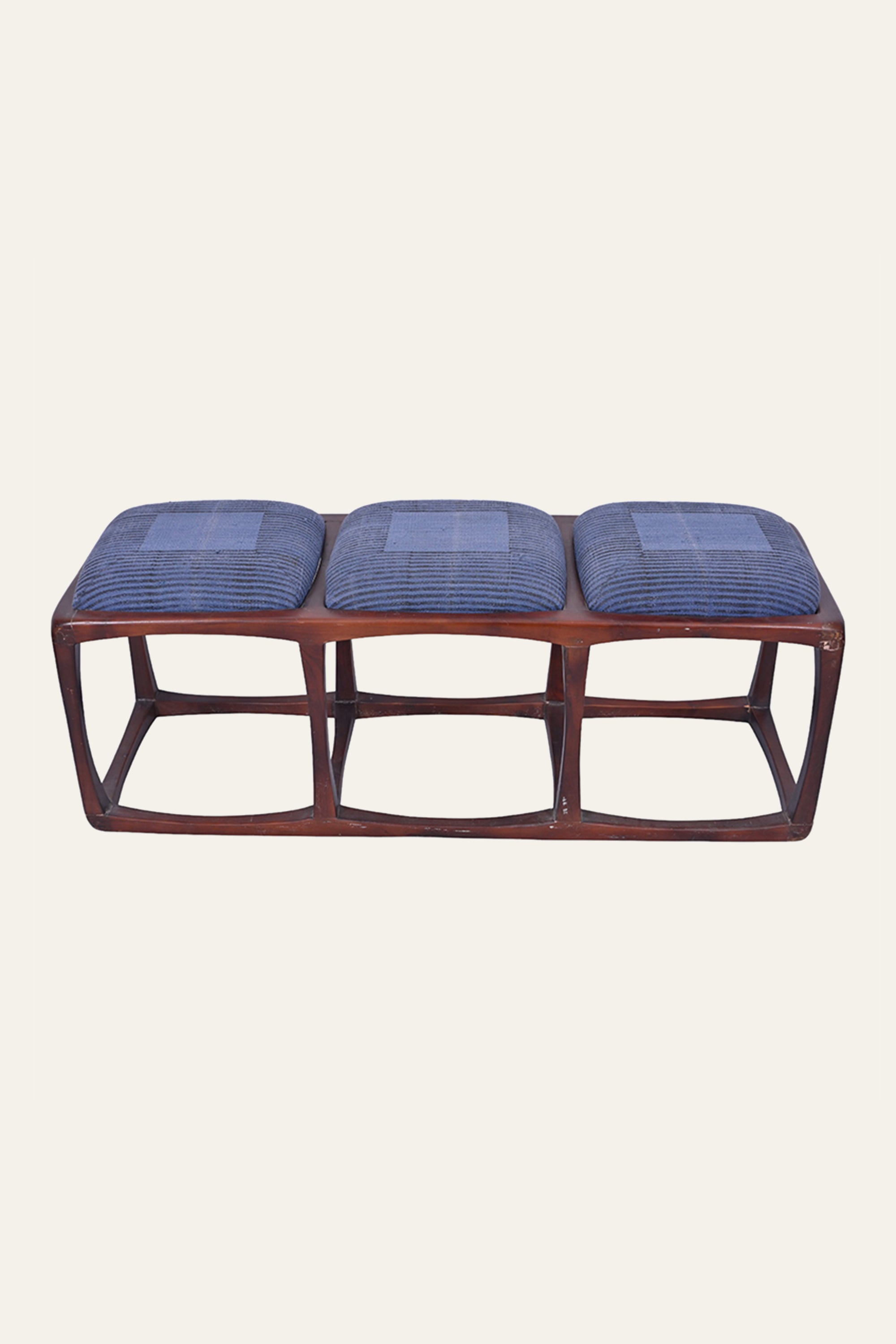Blue Striped Solid Wood Bench with Geometric Cross Base