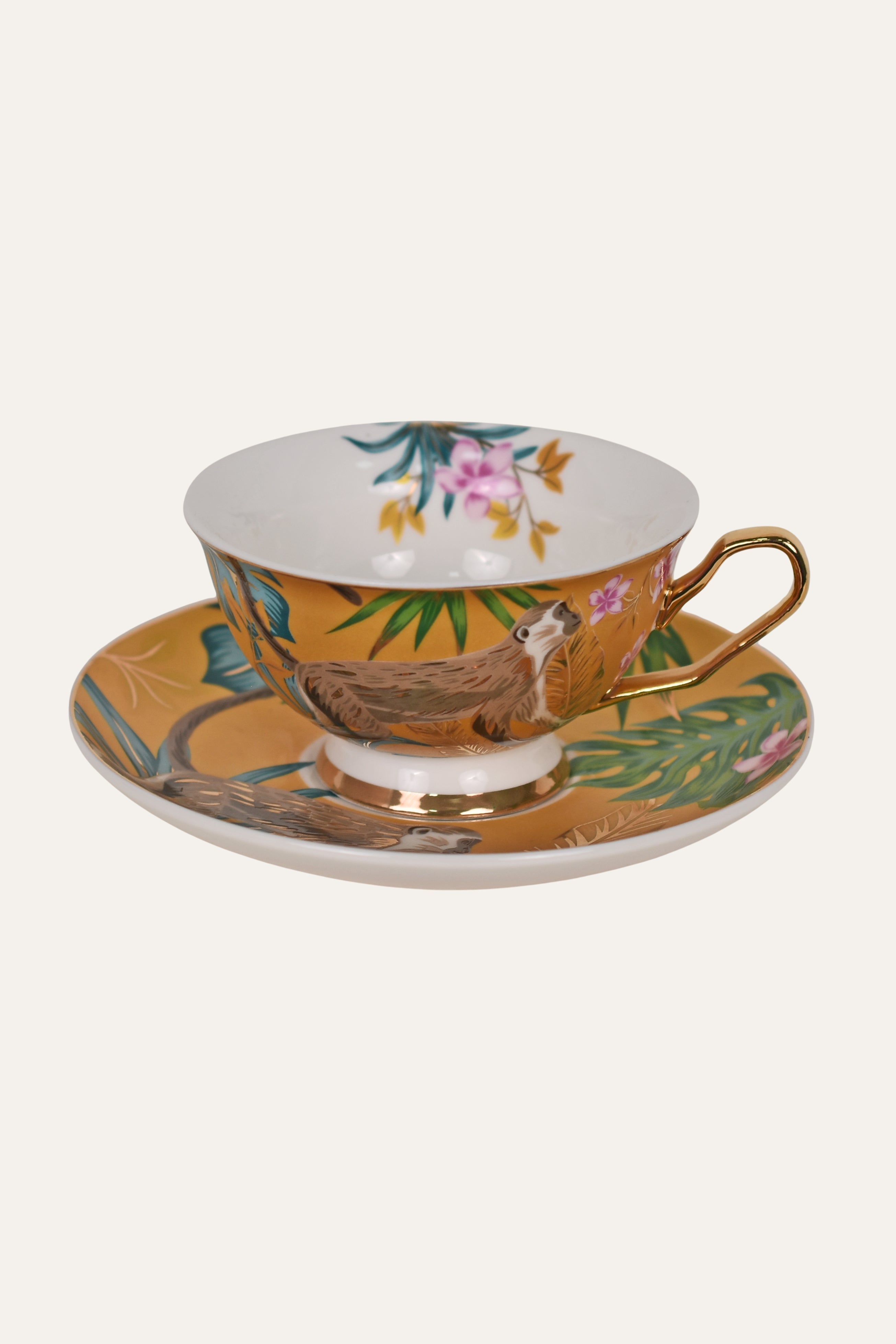 Floral Hand-Painted Porcelain Cup & Saucer Set with Gold Tones – Elegant Artisan Tea Cup