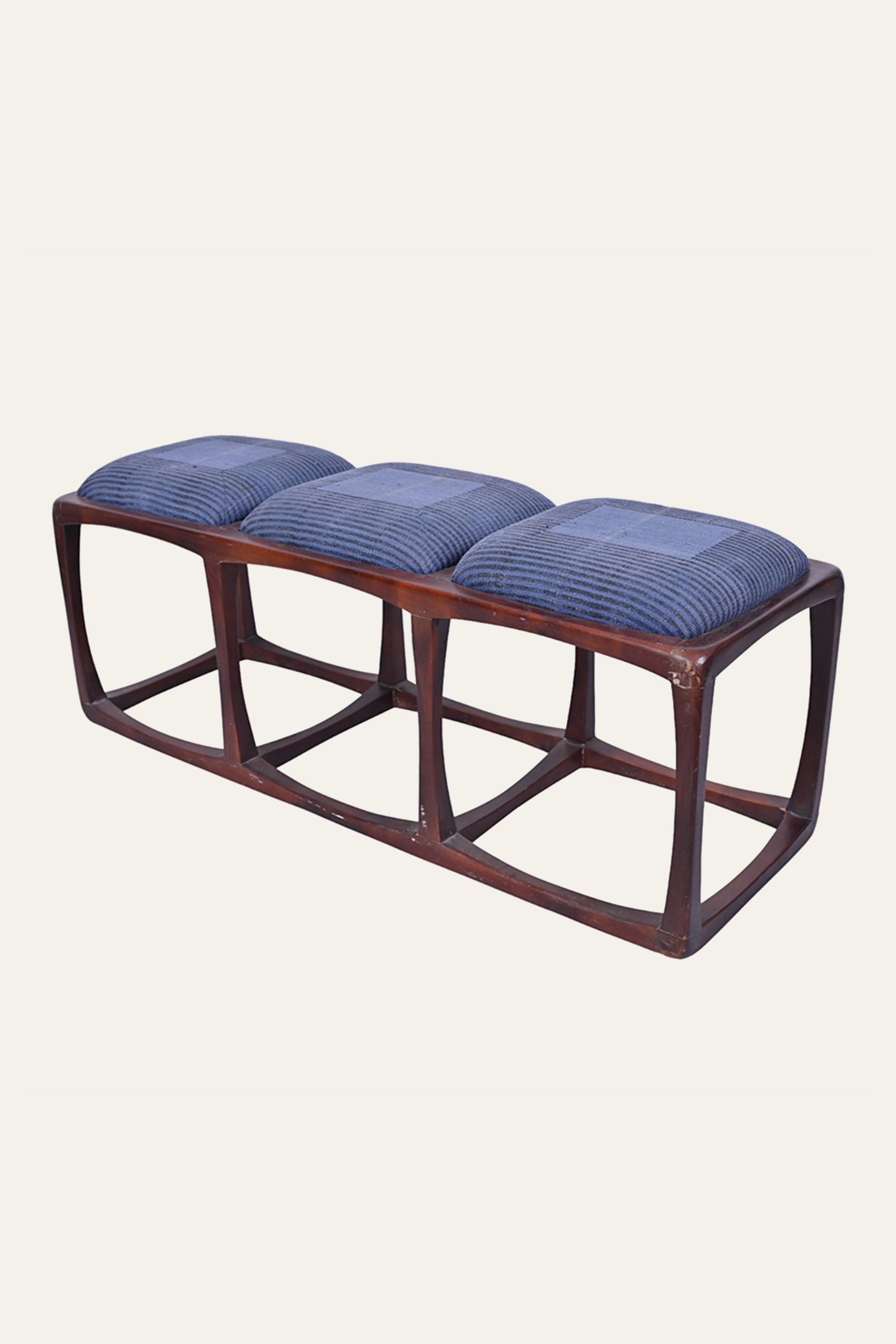 Blue Striped Solid Wood Bench with Geometric Cross Base
