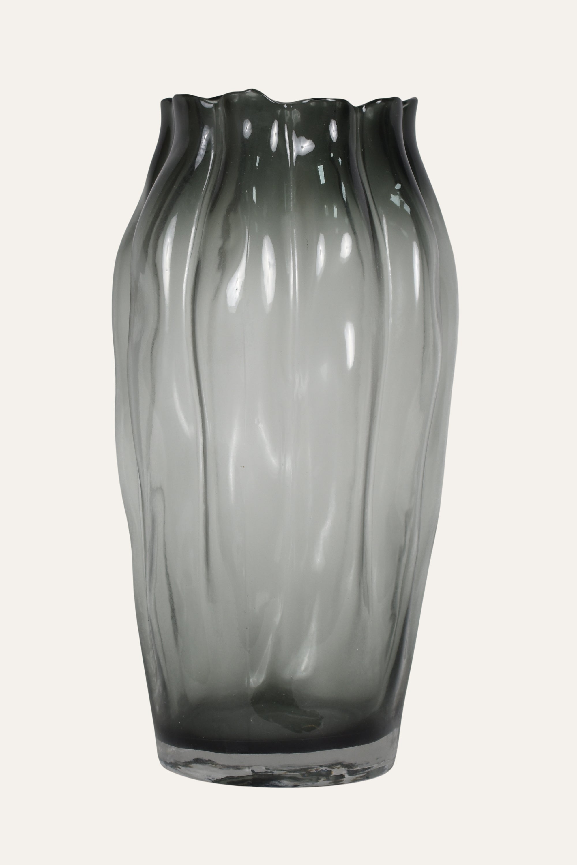 Hand Blown Colored Modern Smoky Grey Glass Flower Vase with Rippled Design
