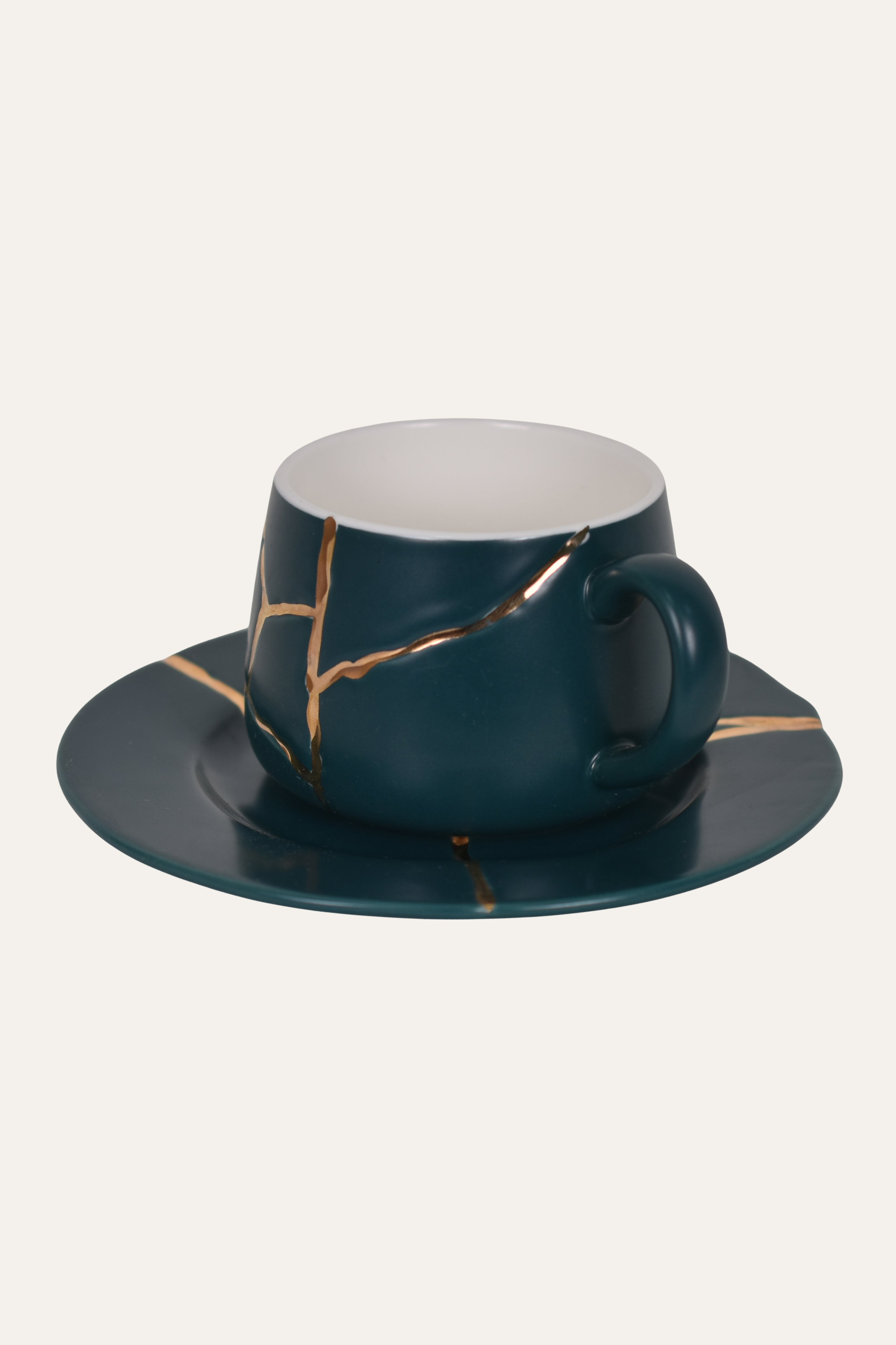 Deep Teal Hand-Painted Porcelain Cup & Saucer Set with Gold Accent – Artisan Tea & Coffee Cup