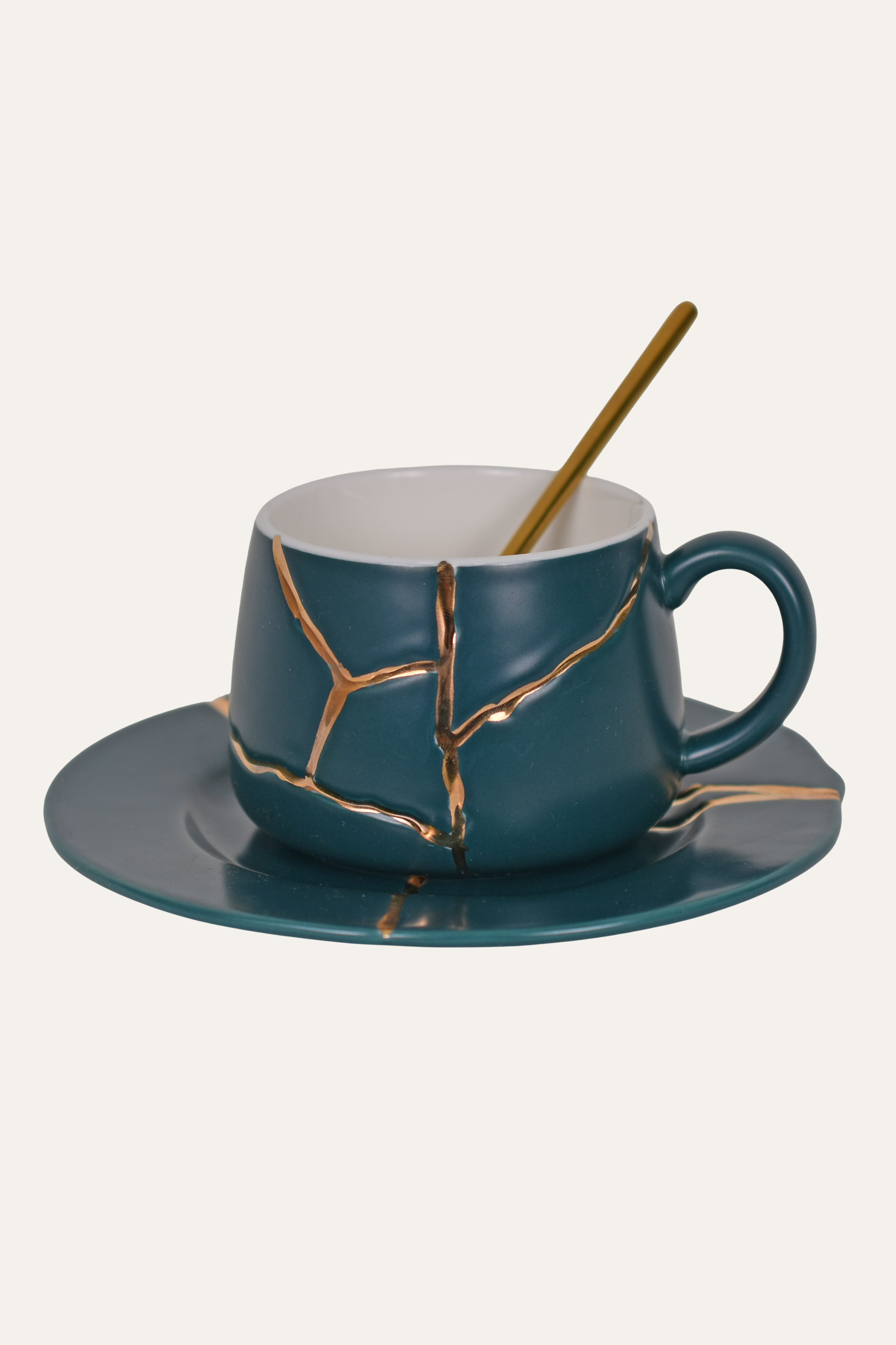 Deep Teal Hand-Painted Porcelain Cup & Saucer Set with Gold Accent – Artisan Tea & Coffee Cup