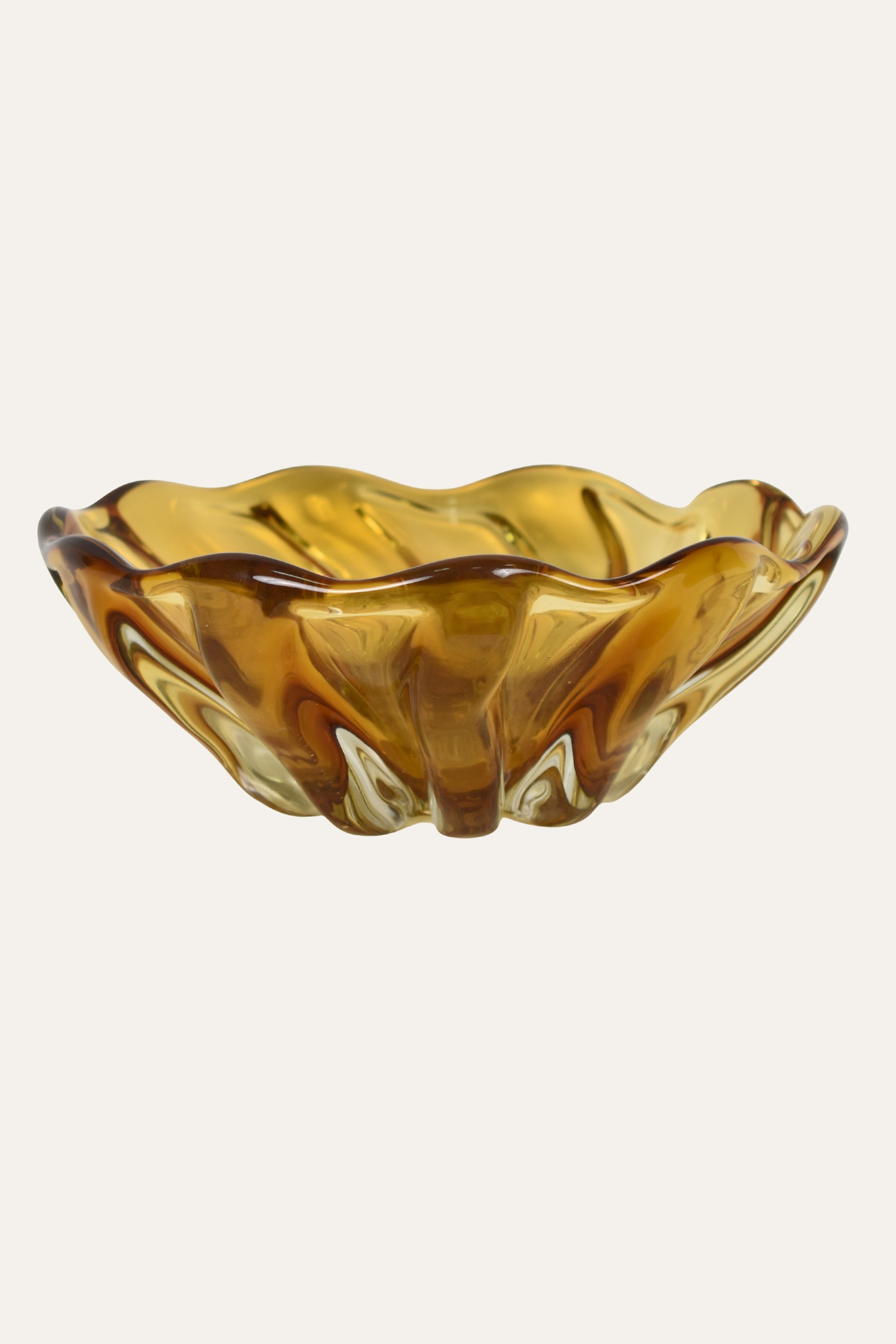 Hand-Blown Colored Sculpted Ochre Glass Flower Bowl Artistic Decorative Vase