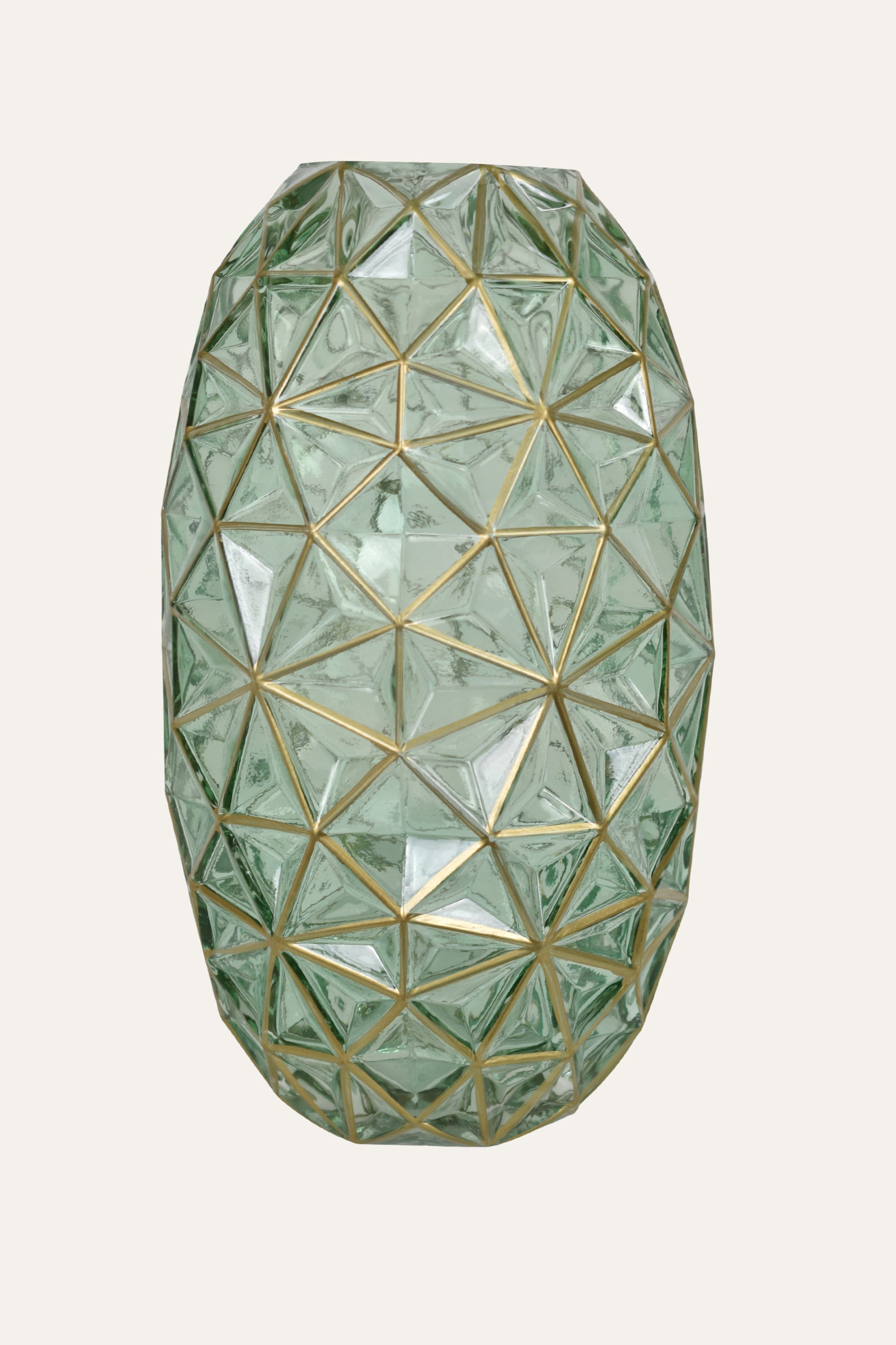 Hand Blown Colored Faceted Sage Green & Gold Glass Vase Statement Home Décor