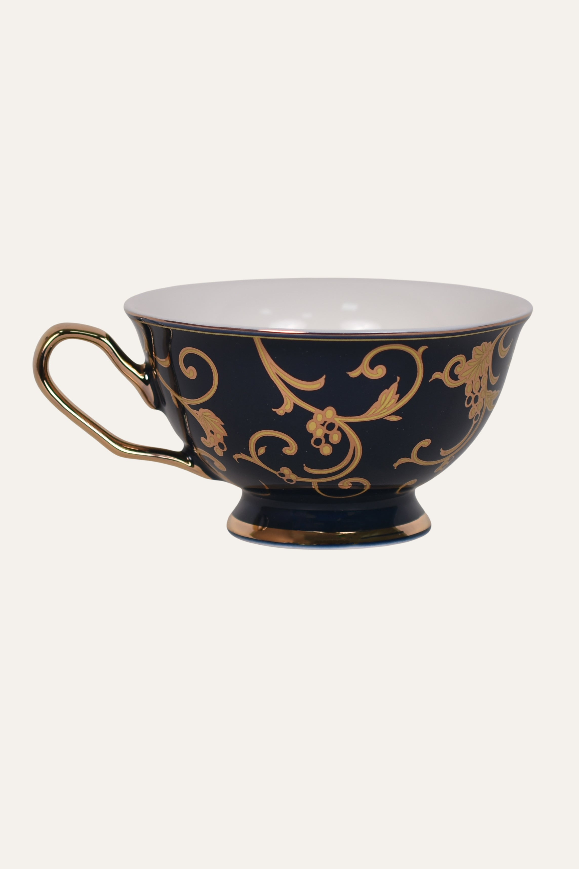 Midnight Blue Hand-Painted Porcelain Cup & Saucer Set with Gold Scrollwork – Luxury Tea Cup