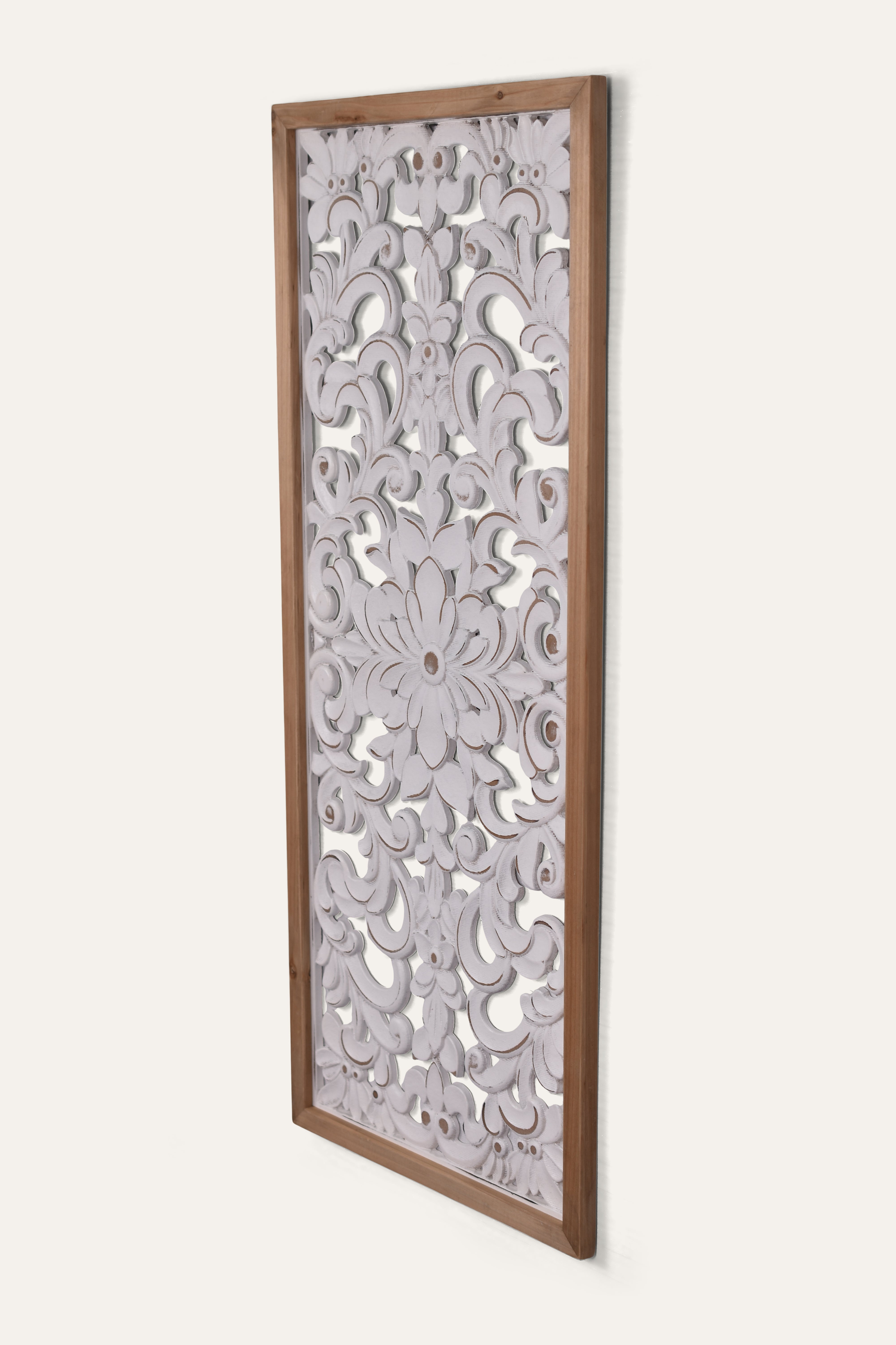 White Distressed Floral Carved Wooden Wall Panel