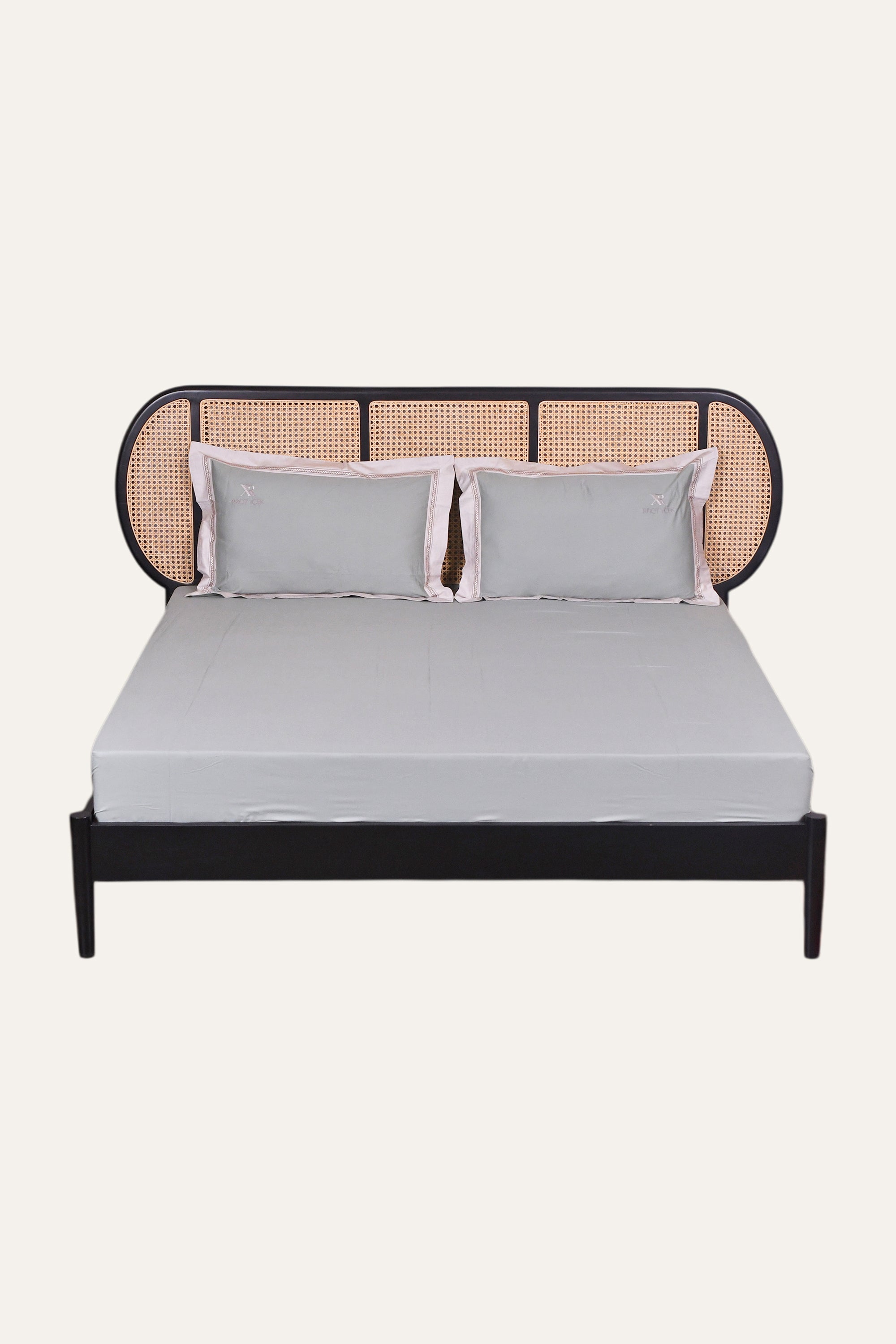 Sage Grey Indian Cotton Bedsheet Set with Quilt & Border Detail - Set of 4
