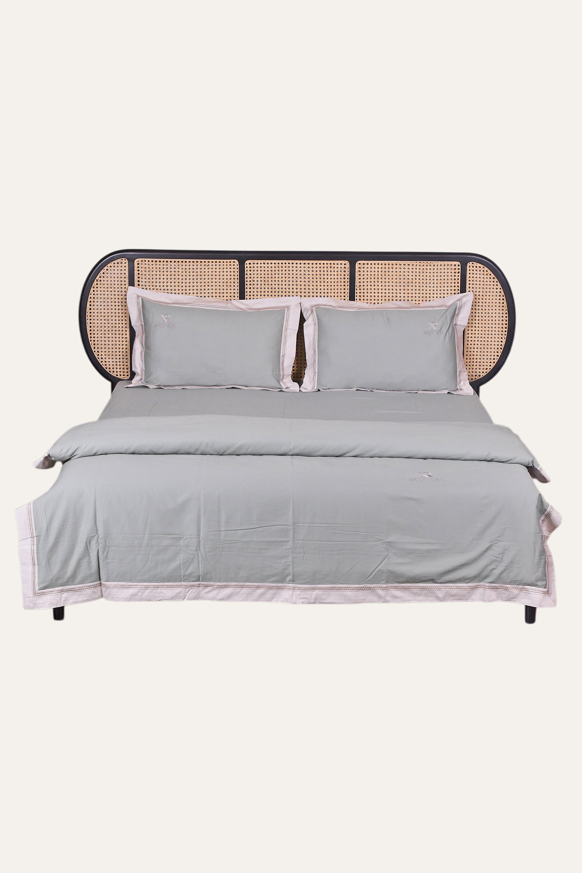 Sage Grey Indian Cotton Bedsheet Set with Quilt & Border Detail - Set of 4
