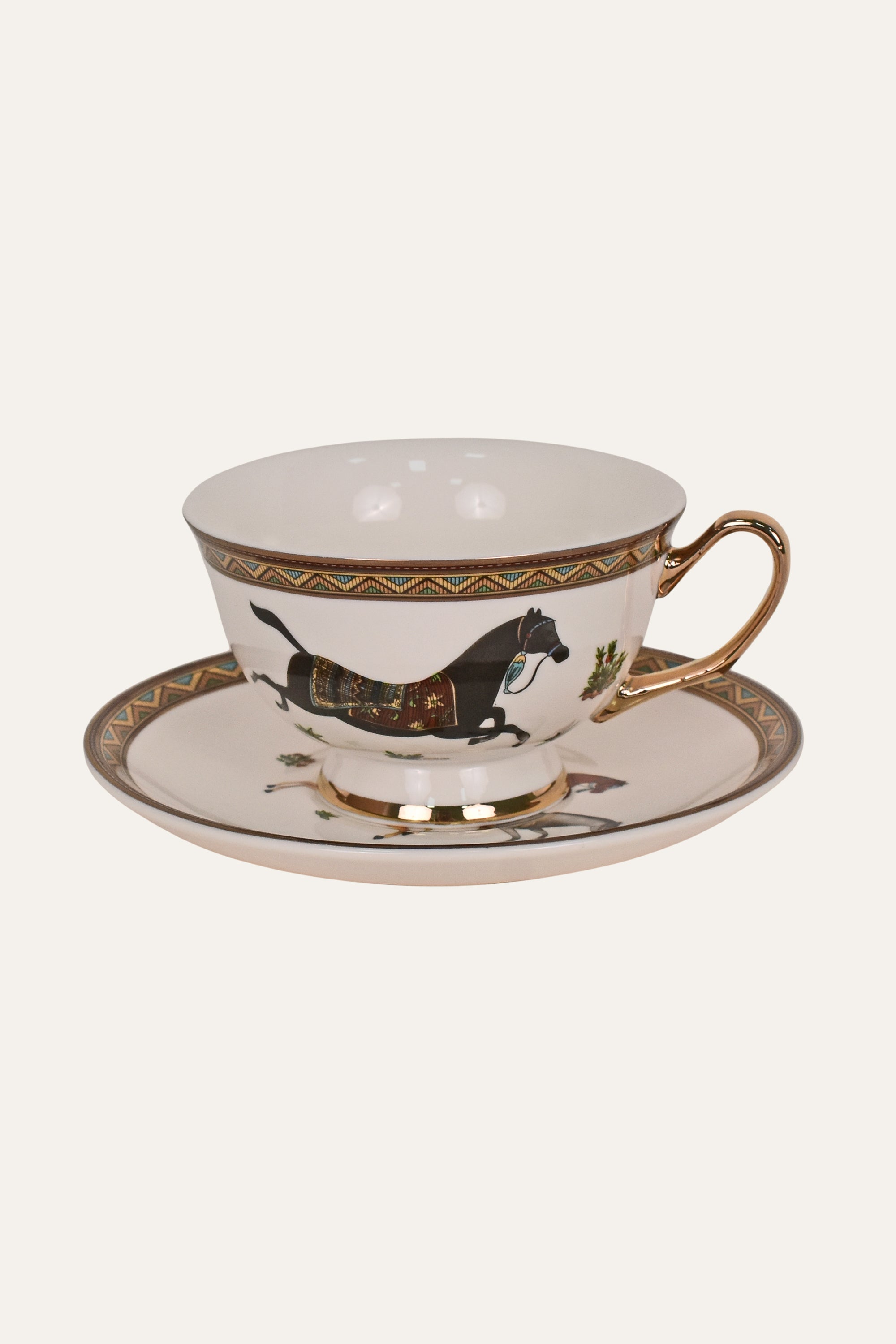 White Hand-Painted Porcelain Cup & Saucer Set with Horse Motif & Gold Rim – Elegant Tea Cup