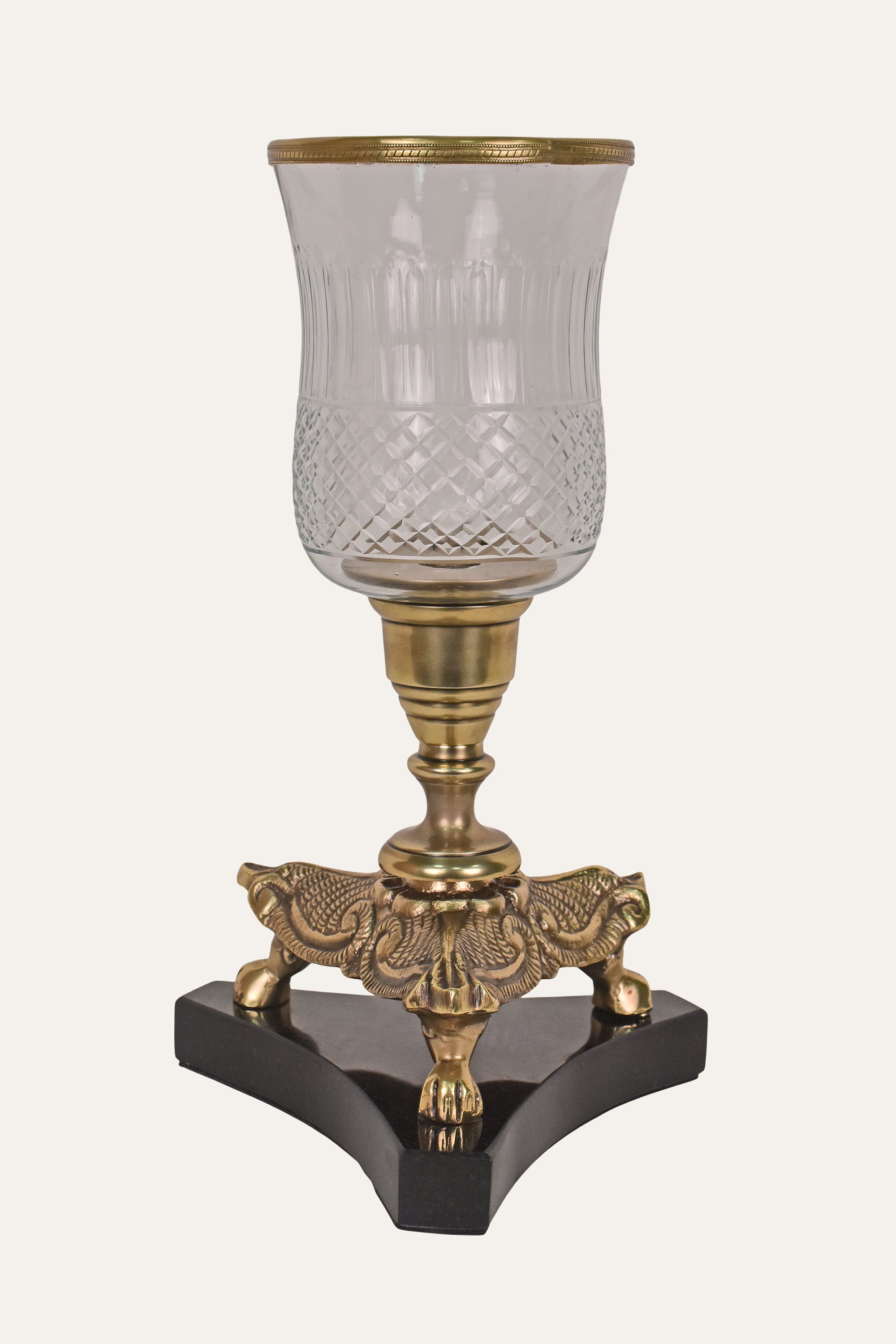 Handcrafted Brass & Cut Glass Hurricane Candle Holder