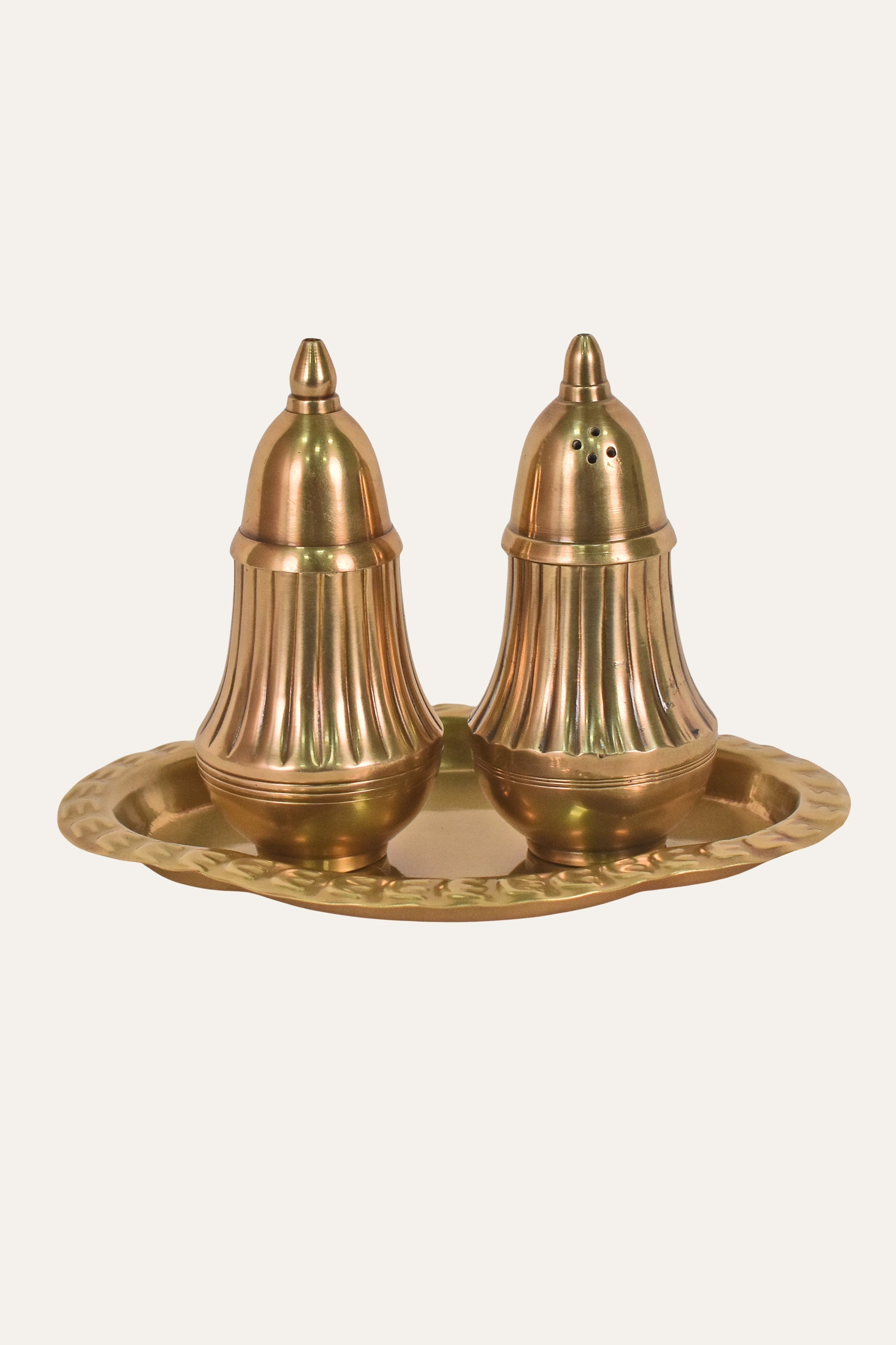 Handcrafted Antique Brass Salt & Pepper Shaker Set with Decorative Tray