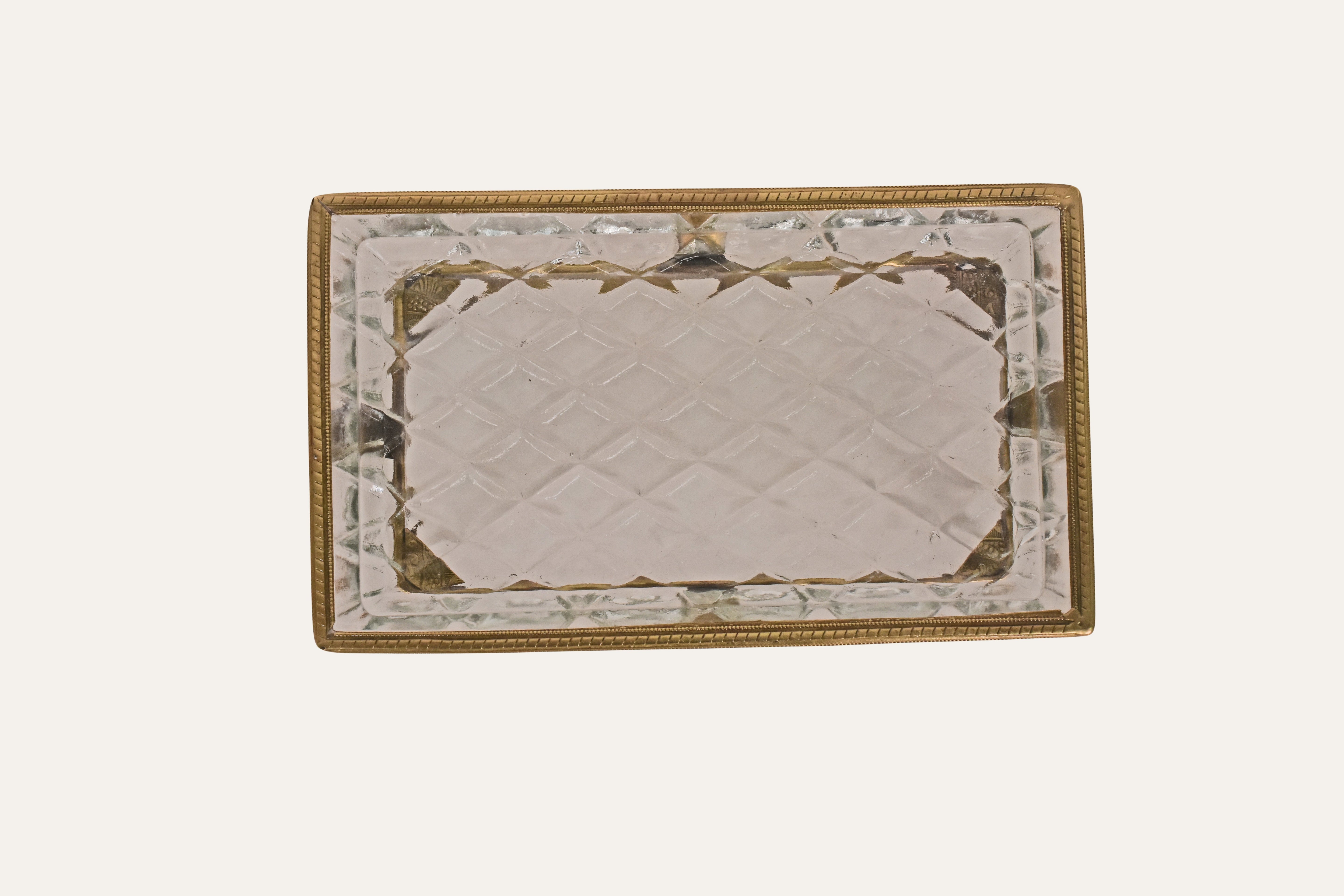 Handcrafted Antique Brass & Cut Glass Rectangular Serving Tray