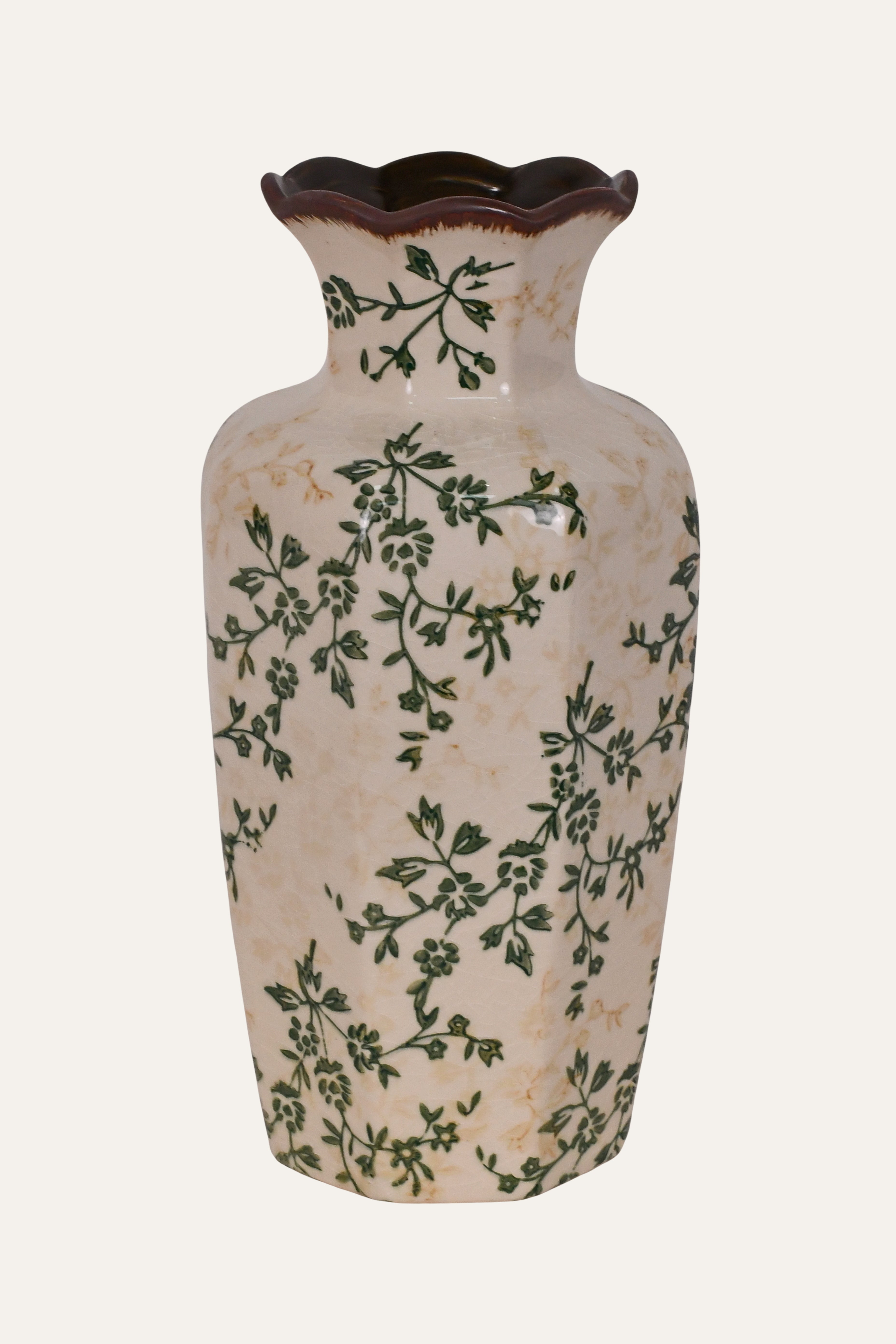 Hand Painted Floral Ceramic Vase with Scalloped Rim