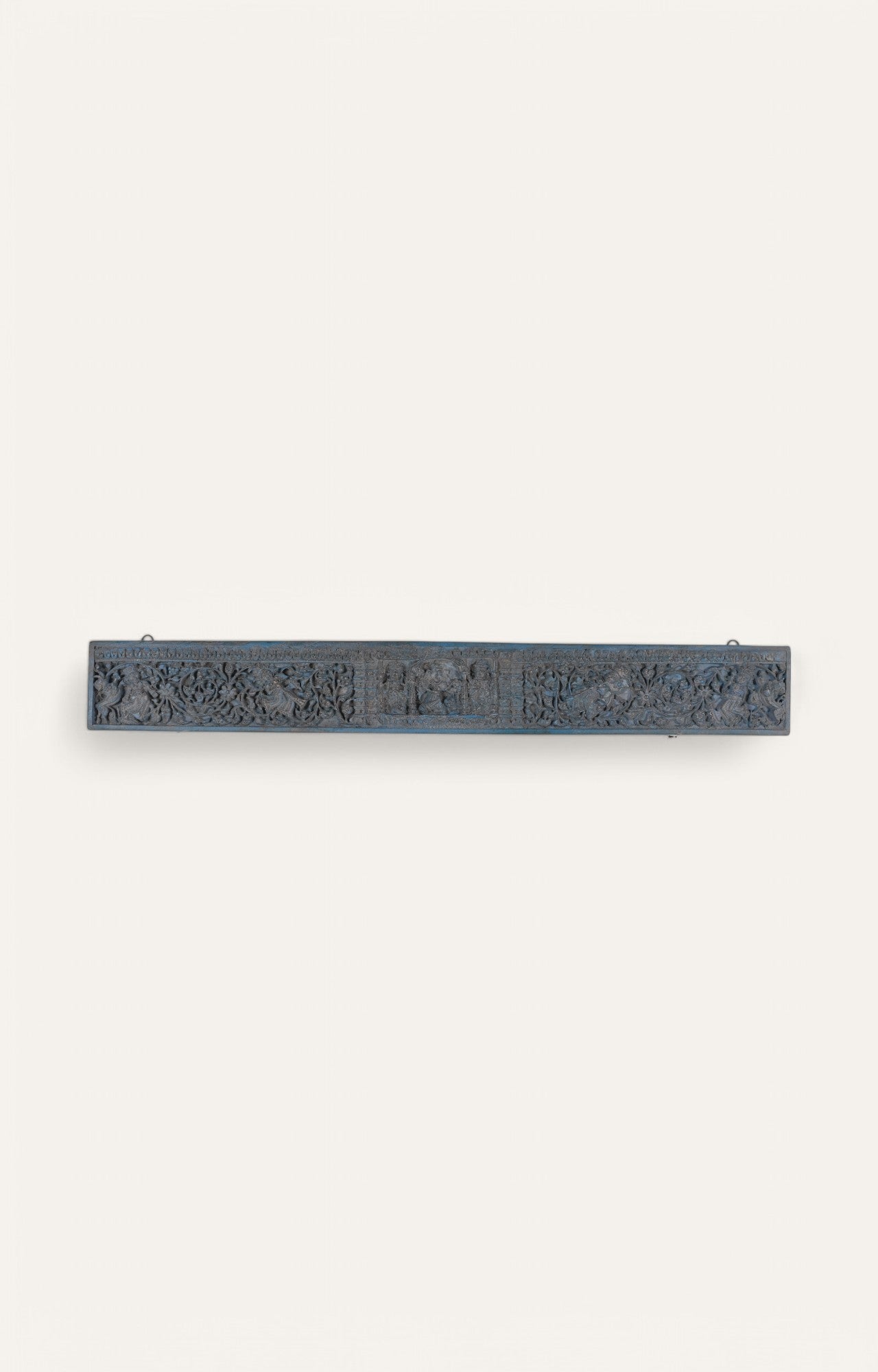  Vintage blue teakwood panel with mythological carvings and floral detail