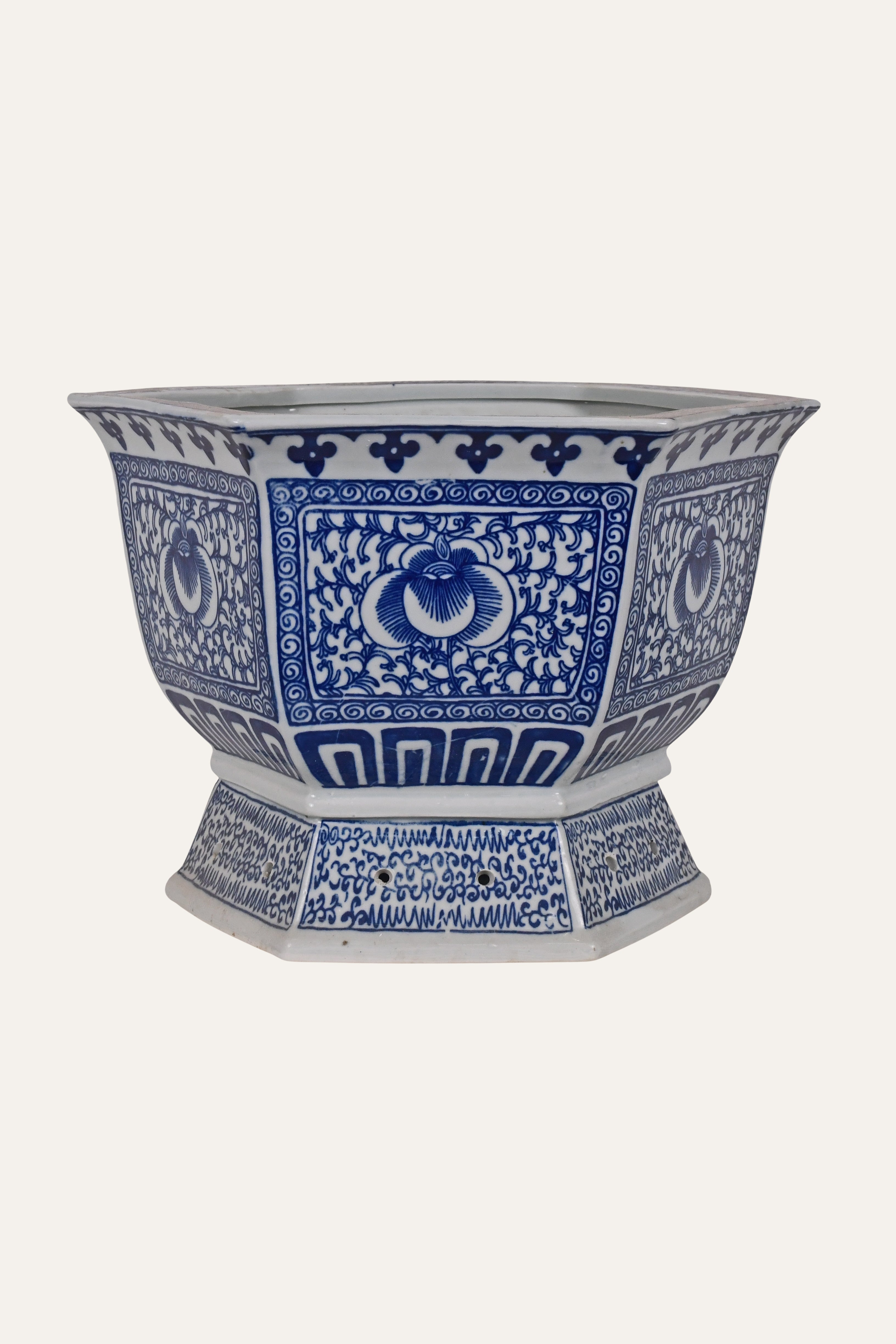 Blue & White Hexagonal Porcelain Chinoiserie Planter - Big