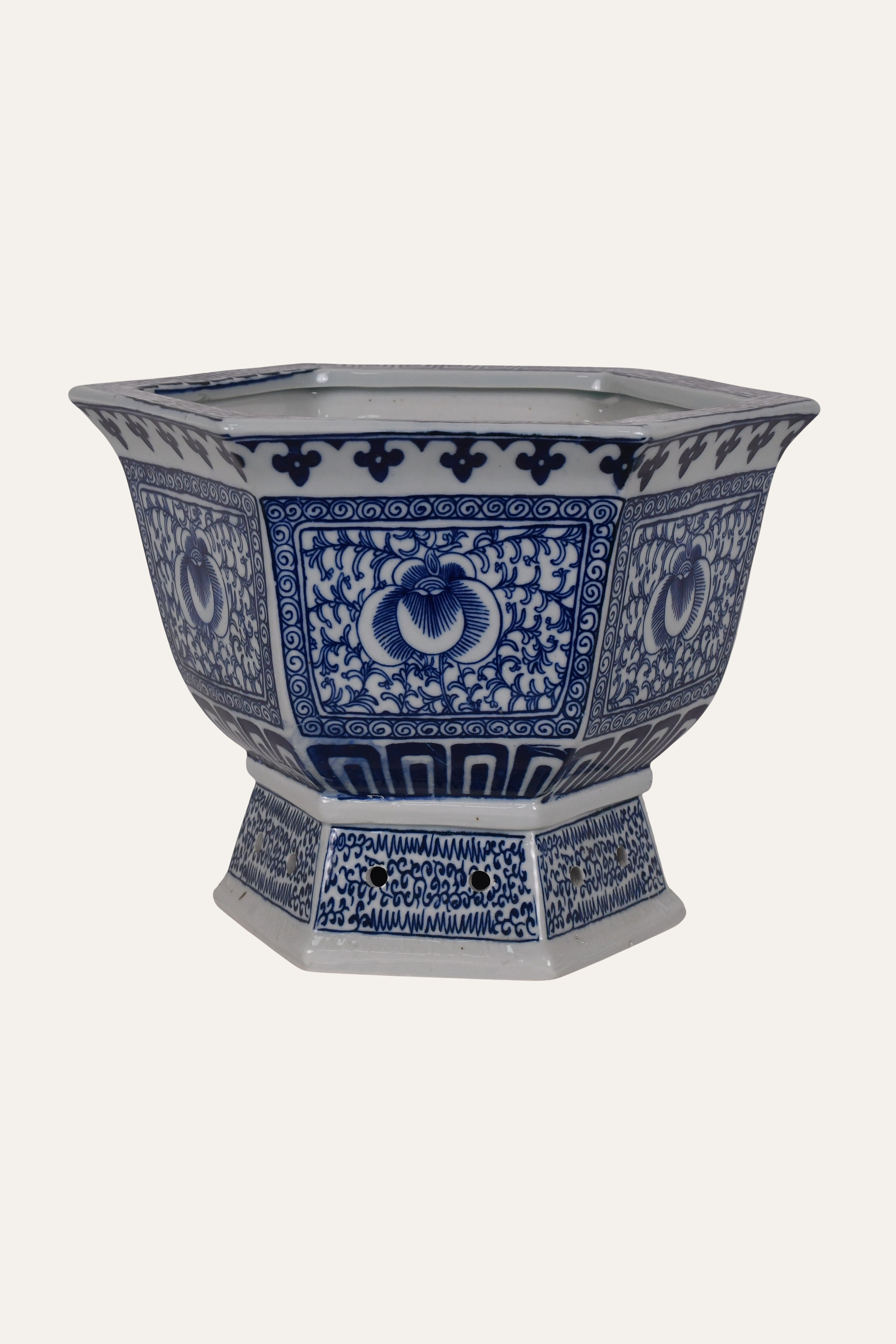 Blue & White Hexagonal Porcelain Chinoiserie Planter - Small