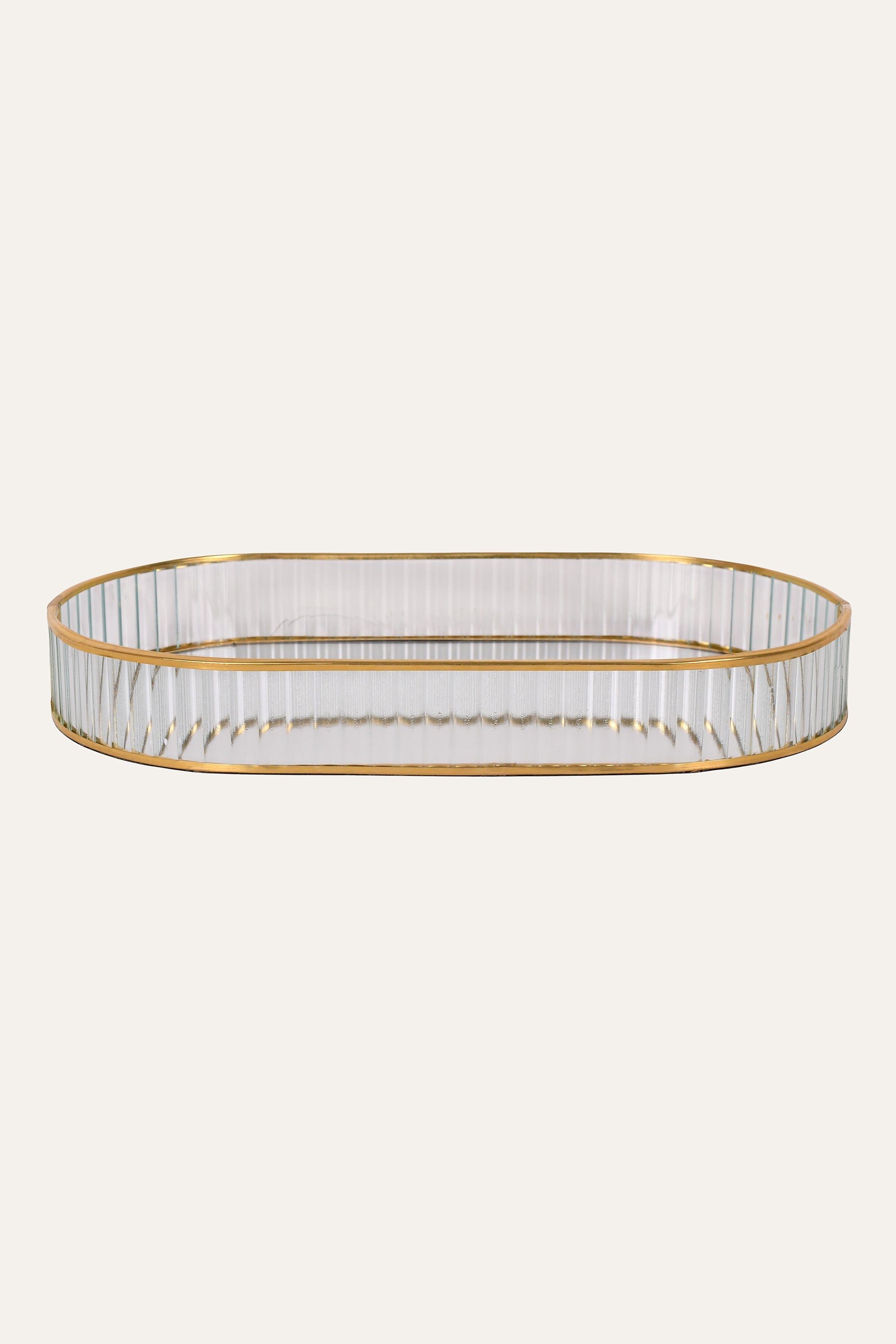 Oval Fluted Metal and Glass Tray with Gold Rim