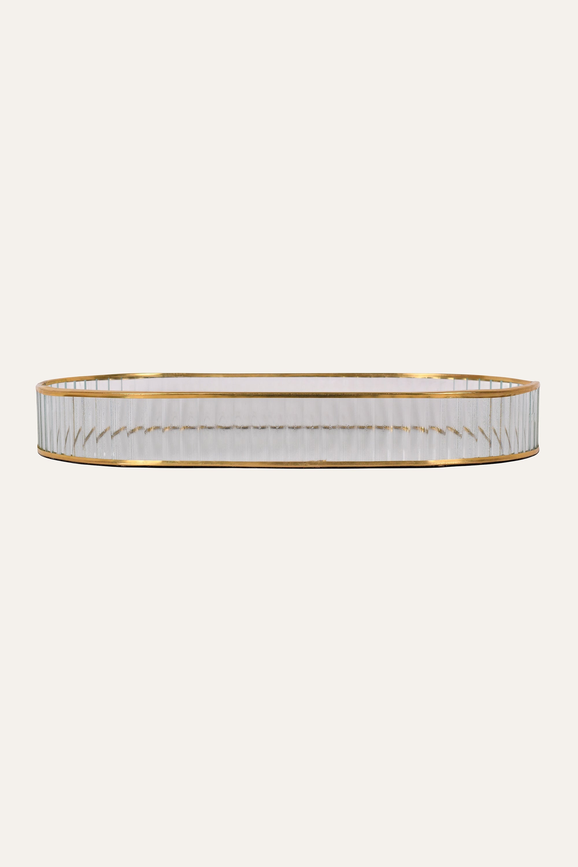 Oval Fluted Metal and Glass Tray with Gold Rim