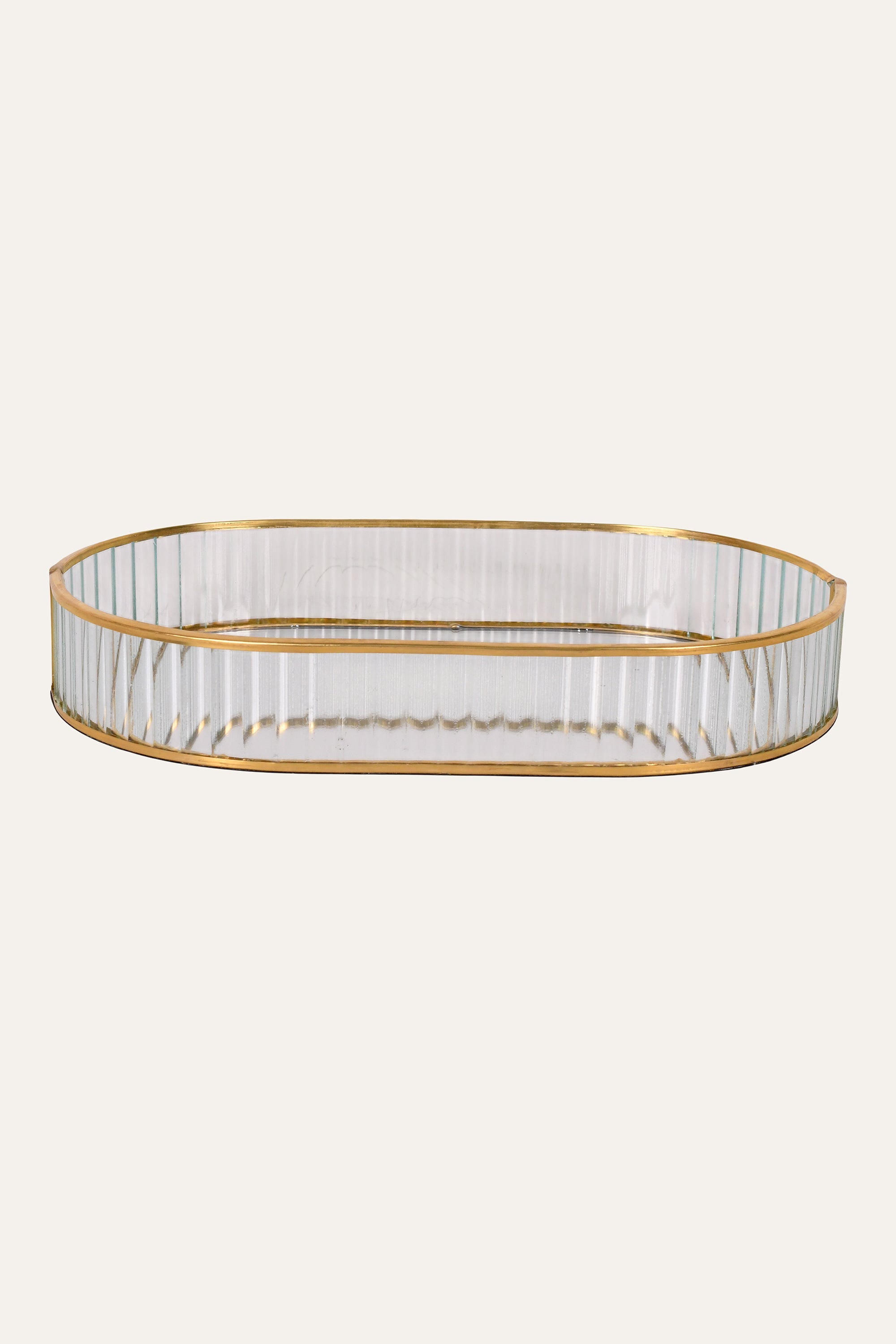 Oval Fluted Glass and Metal Tray in Gold